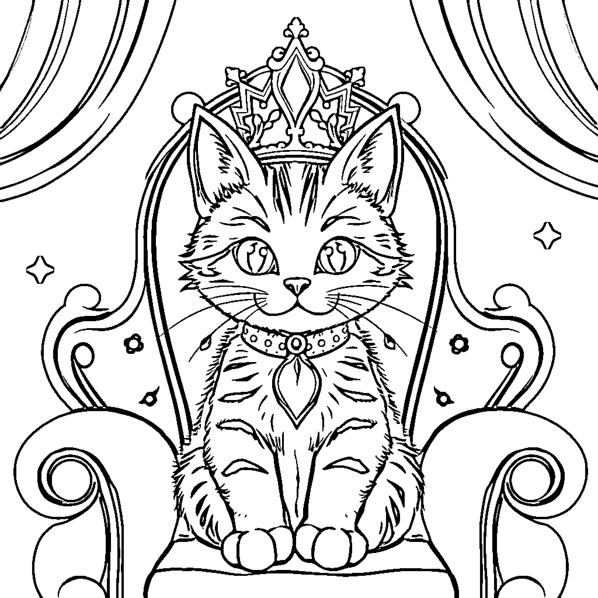 Cat royalty in ornate throne room Coloring Page (free black-and-white line drawing printable PDF for all, from beginners to advanced learners, including children, teens, adults, and seniors)