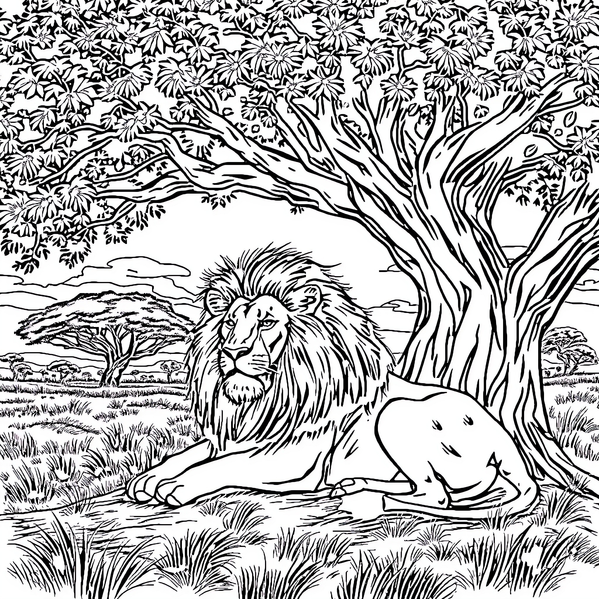 Lion resting in the serene African wilderness Coloring Page (free black-and-white line drawing printable PDF for all, from beginners to advanced learners, including children, teens, adults, and seniors)