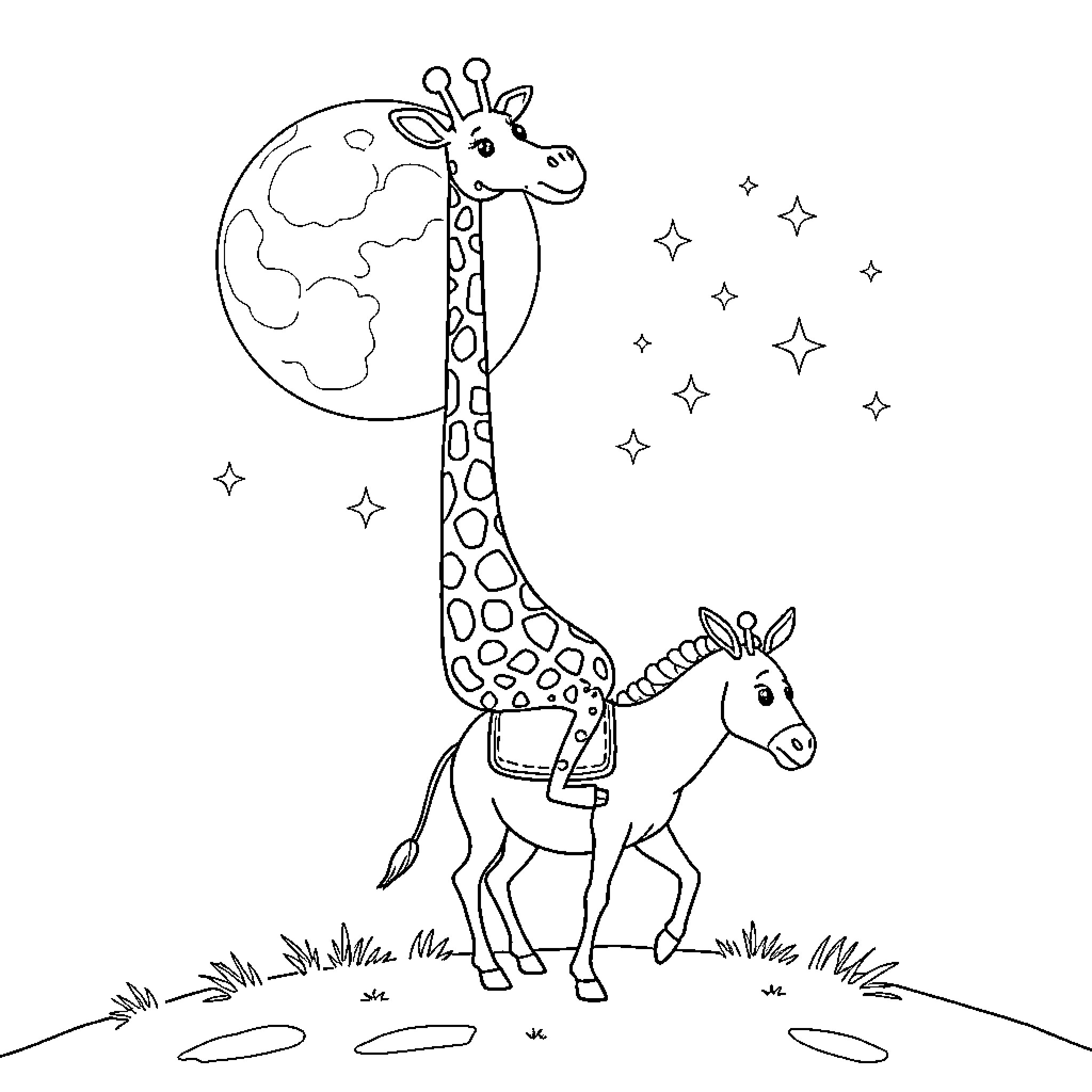 Giraffe exploring the night sky with donkey Coloring Page (free black-and-white line drawing printable PDF for all, from beginners to advanced learners, including children, teens, adults, and seniors)