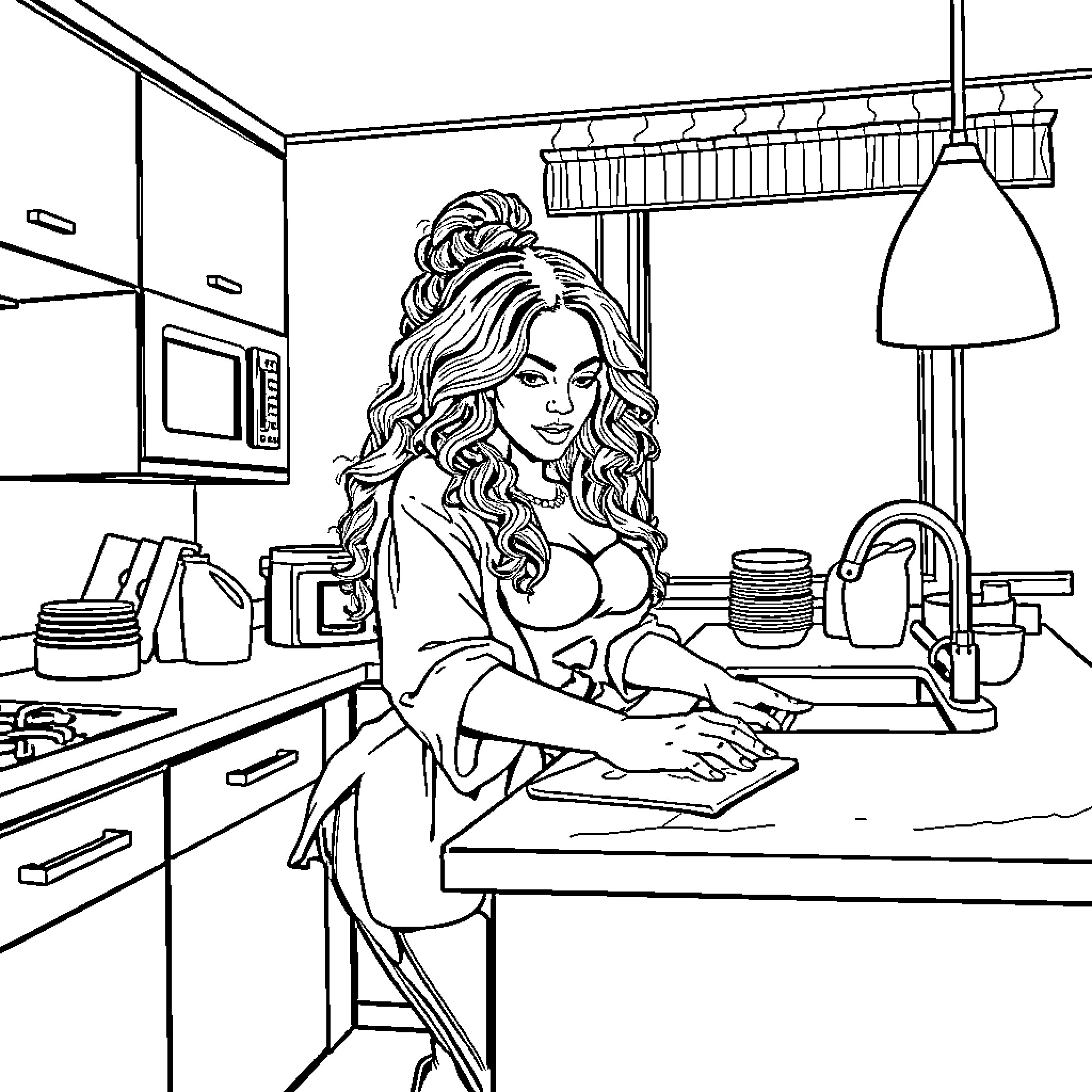 Beyonce Cooking in the Kitchen Coloring Page (free black-and-white line drawing printable PDF for all, from beginners to advanced learners, including children, teens, adults, and seniors)