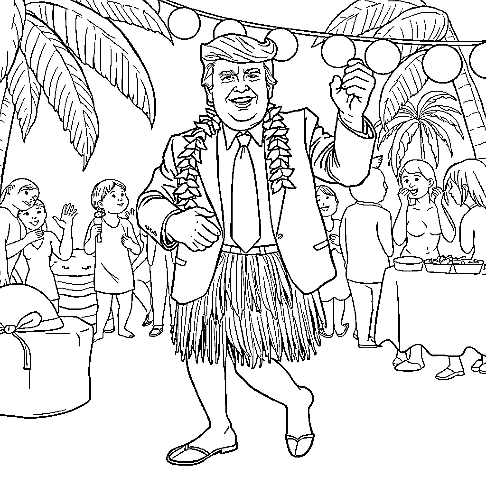 Donald Trump Enjoying a Hawaiian-Themed Celebration Coloring Page (free black-and-white line drawing printable PDF for all, from beginners to advanced learners, including children, teens, adults, and seniors)