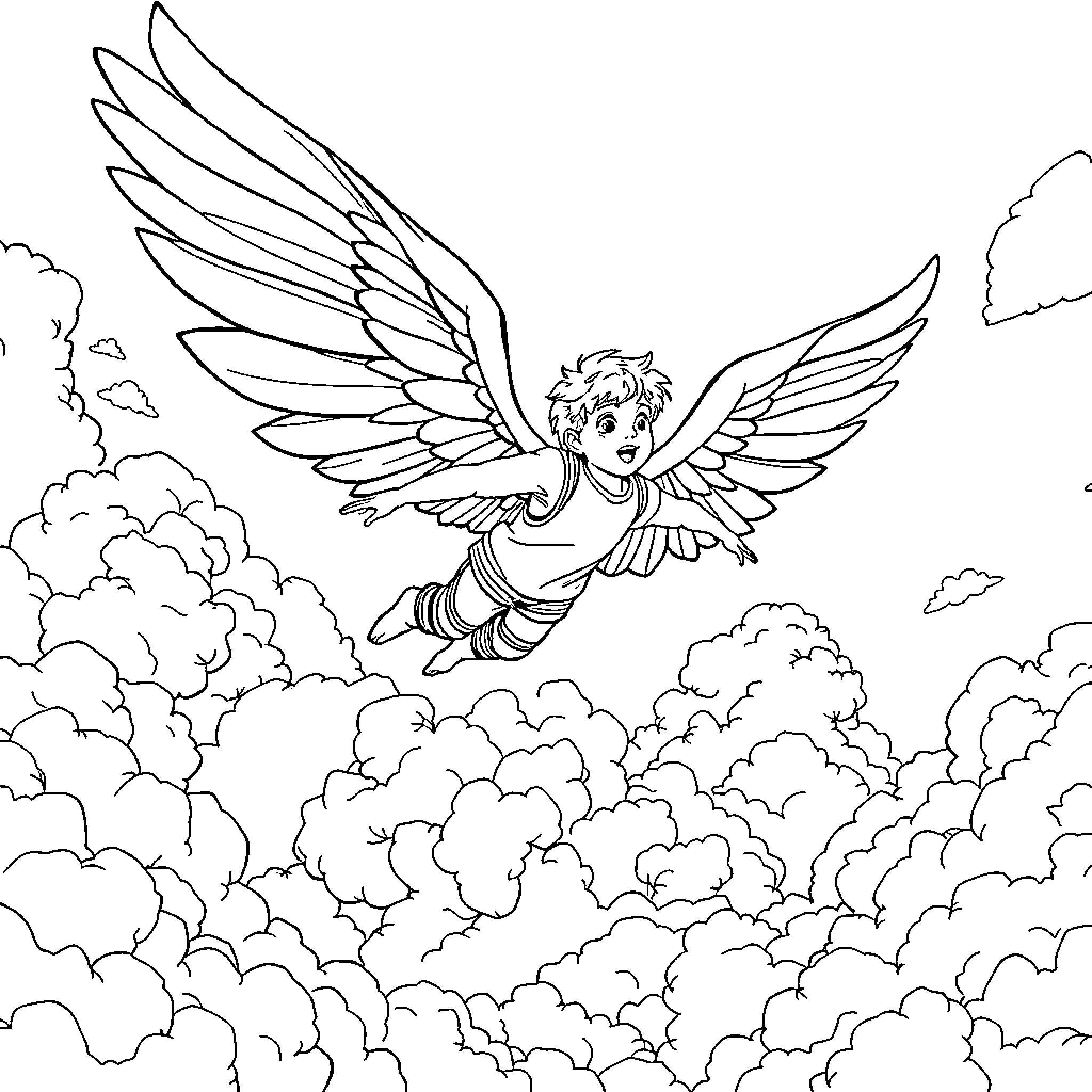Boy with angelic wings soaring through the clouds Coloring Page (free black-and-white line drawing printable PDF for all, from beginners to advanced learners, including children, teens, adults, and seniors)