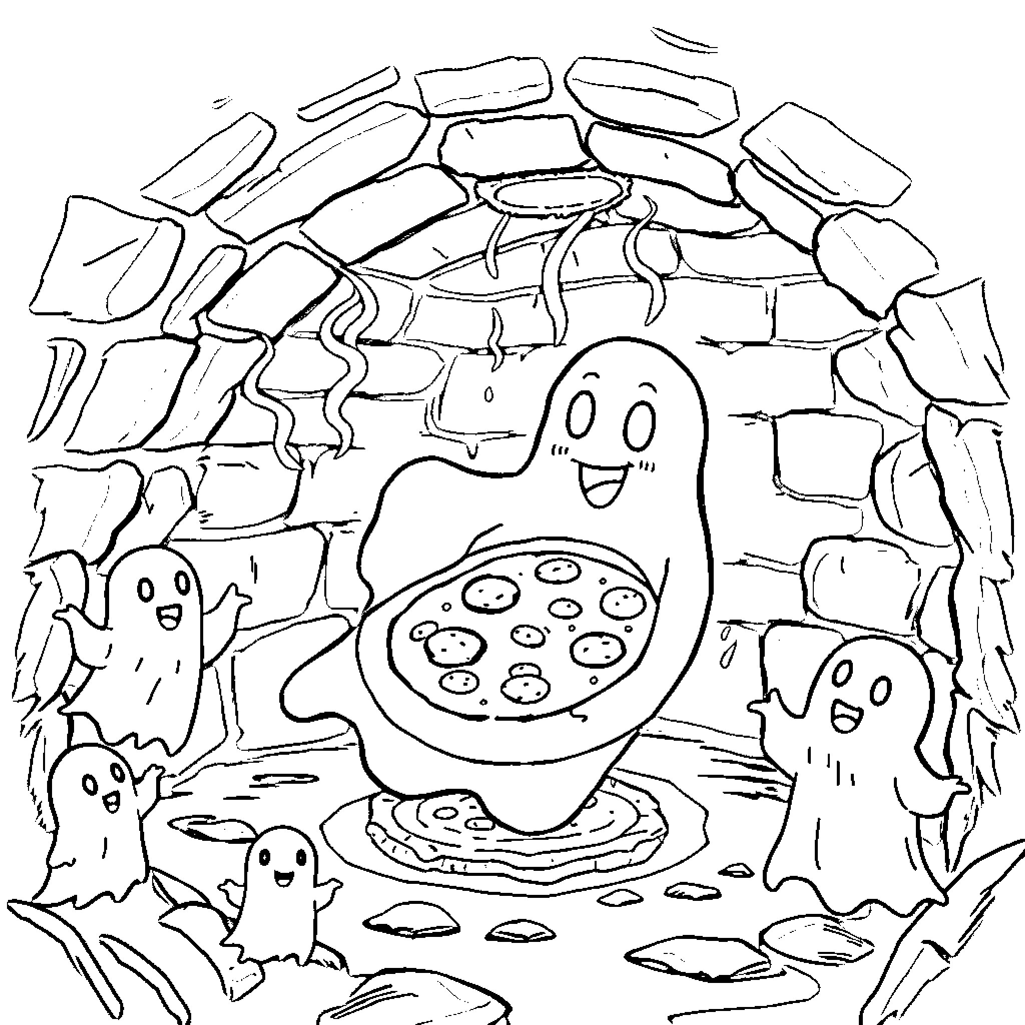 Ghost creatures explore a spooky cave Coloring Page (free black-and-white line drawing printable PDF for all, from beginners to advanced learners, including children, teens, adults, and seniors)