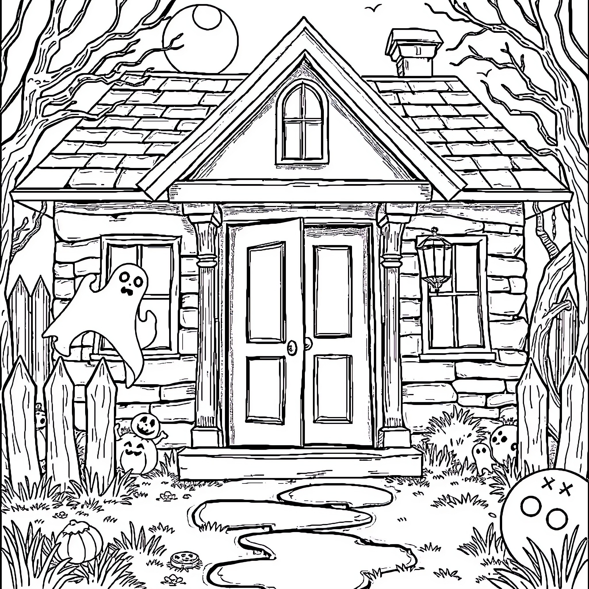 Haunted House with Spooky Creatures and Eerie Atmosphere Coloring Page (free black-and-white line drawing printable PDF for all, from beginners to advanced learners, including children, teens, adults, and seniors)
