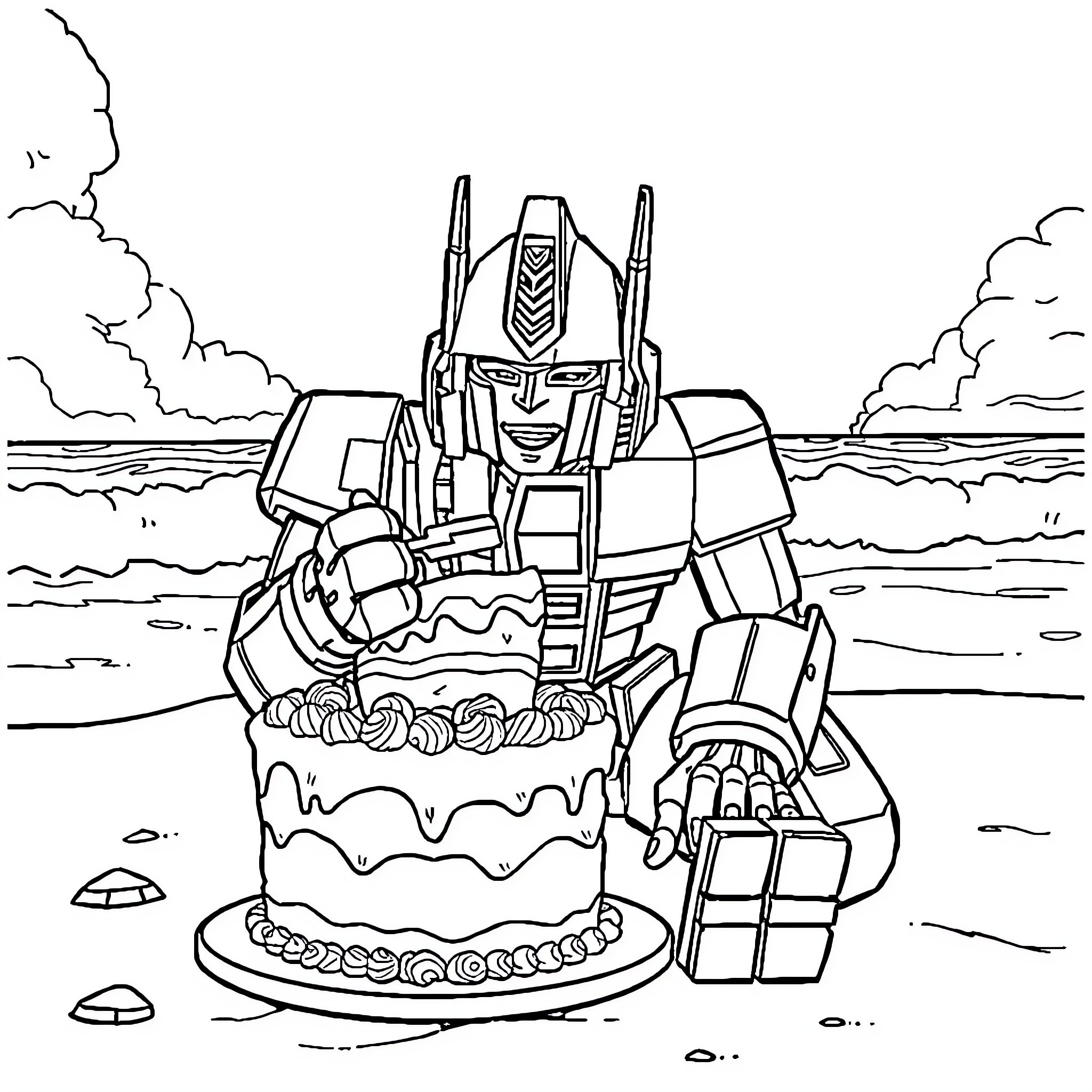 Optimus Prime celebrating with a birthday cake in the landscape Coloring Page (free black-and-white line drawing printable PDF for all, from beginners to advanced learners, including children, teens, adults, and seniors)