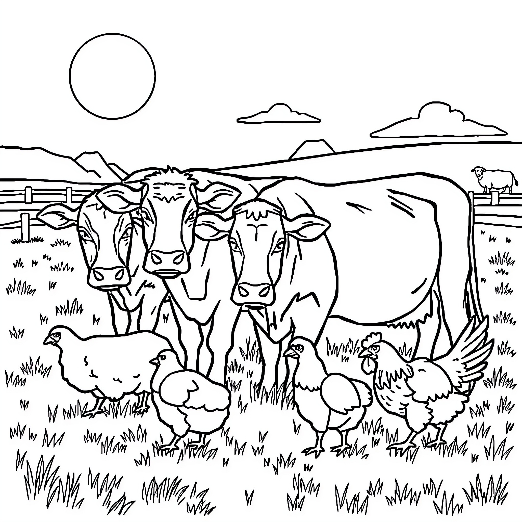 Farm Animal Gathering in a Pastoral Landscape Coloring Page (free black-and-white line drawing printable PDF for all, from beginners to advanced learners, including children, teens, adults, and seniors)
