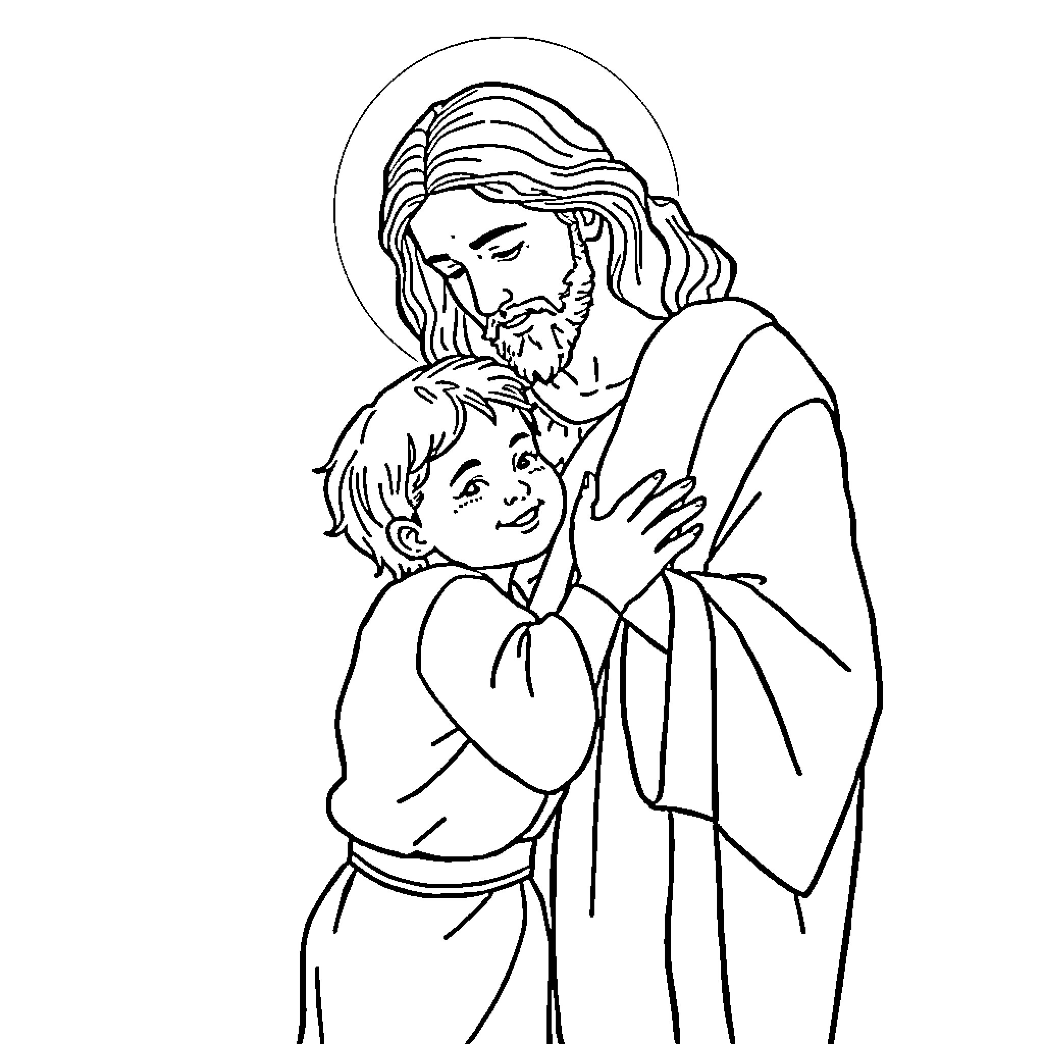 Jesucristo embracing a child with compassion Coloring Page (free black-and-white line drawing printable PDF for all, from beginners to advanced learners, including children, teens, adults, and seniors)