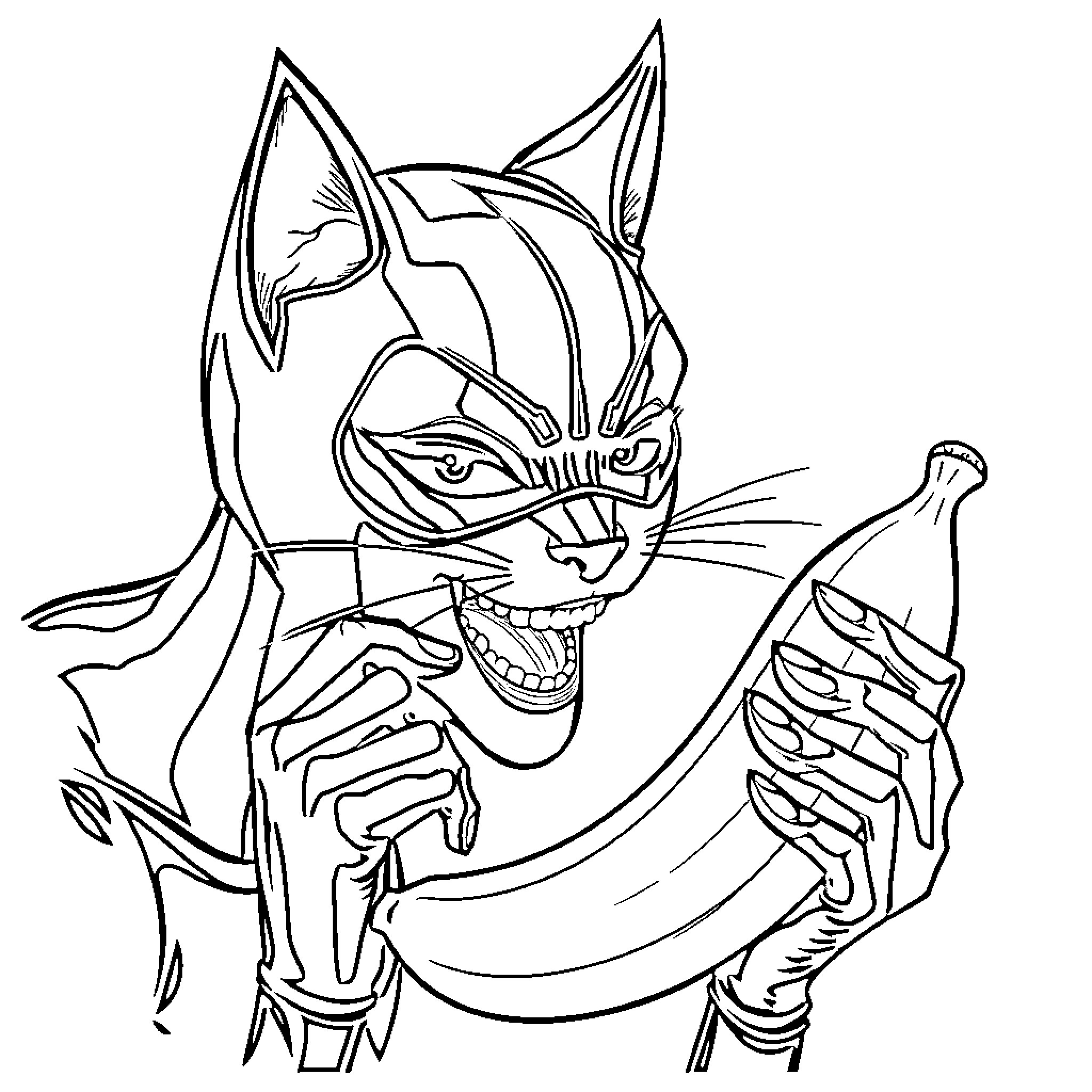 Catwoman in aggressive fighting stance Coloring Page (free black-and-white line drawing printable PDF for all, from beginners to advanced learners, including children, teens, adults, and seniors)