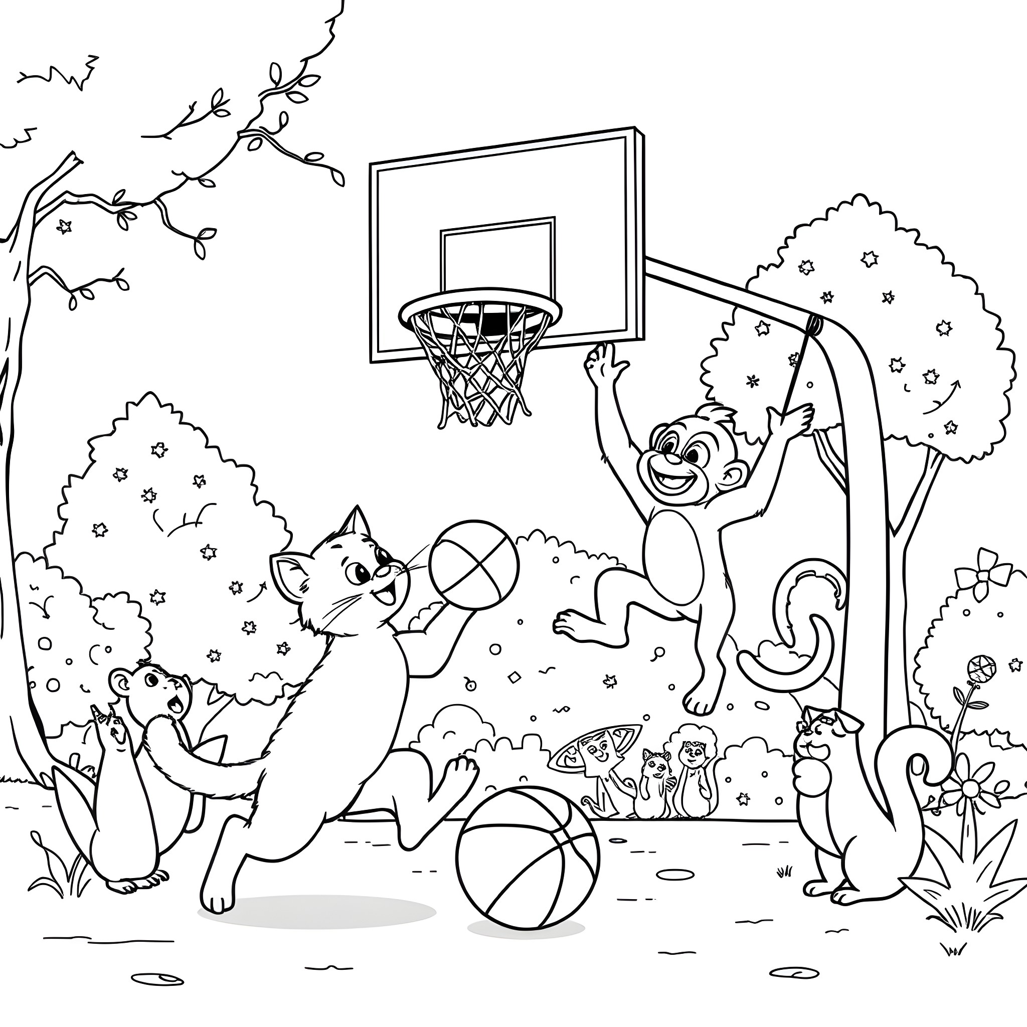 Cats playing basketball in the park Coloring Page (free black-and-white line drawing printable PDF for all, from beginners to advanced learners, including children, teens, adults, and seniors)