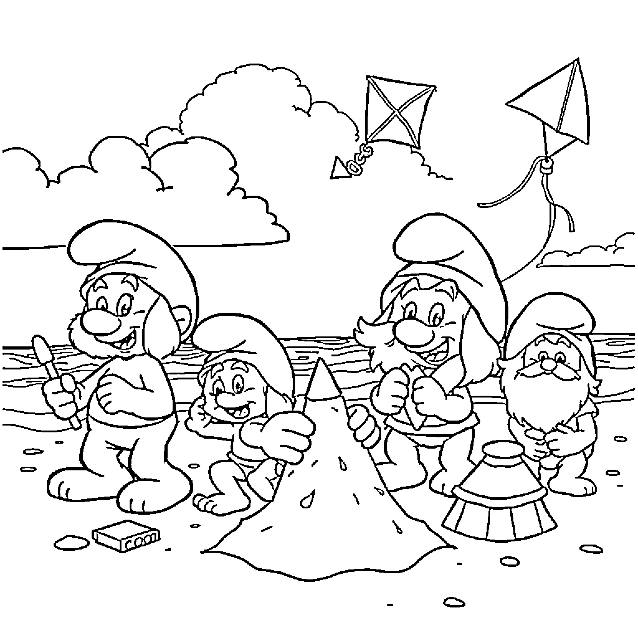 Smurf Family Enjoying Outdoor Activities Coloring Page (free black-and-white line drawing printable PDF for all, from beginners to advanced learners, including children, teens, adults, and seniors)