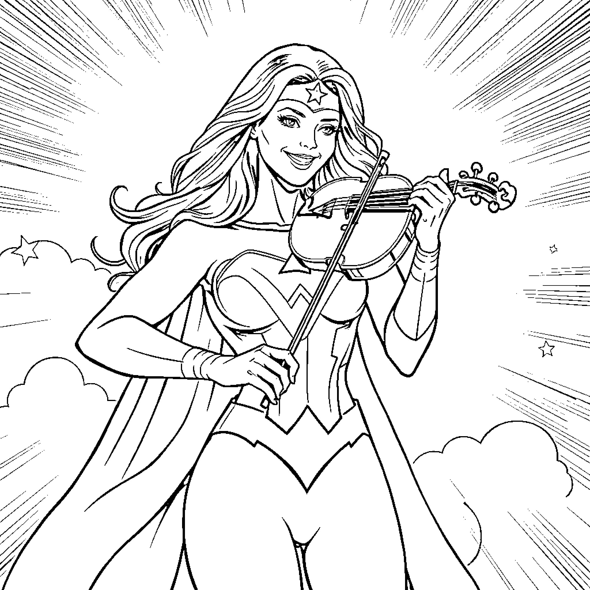 Superwoman playing the violin in the sky Coloring Page (free black-and-white line drawing printable PDF for all, from beginners to advanced learners, including children, teens, adults, and seniors)