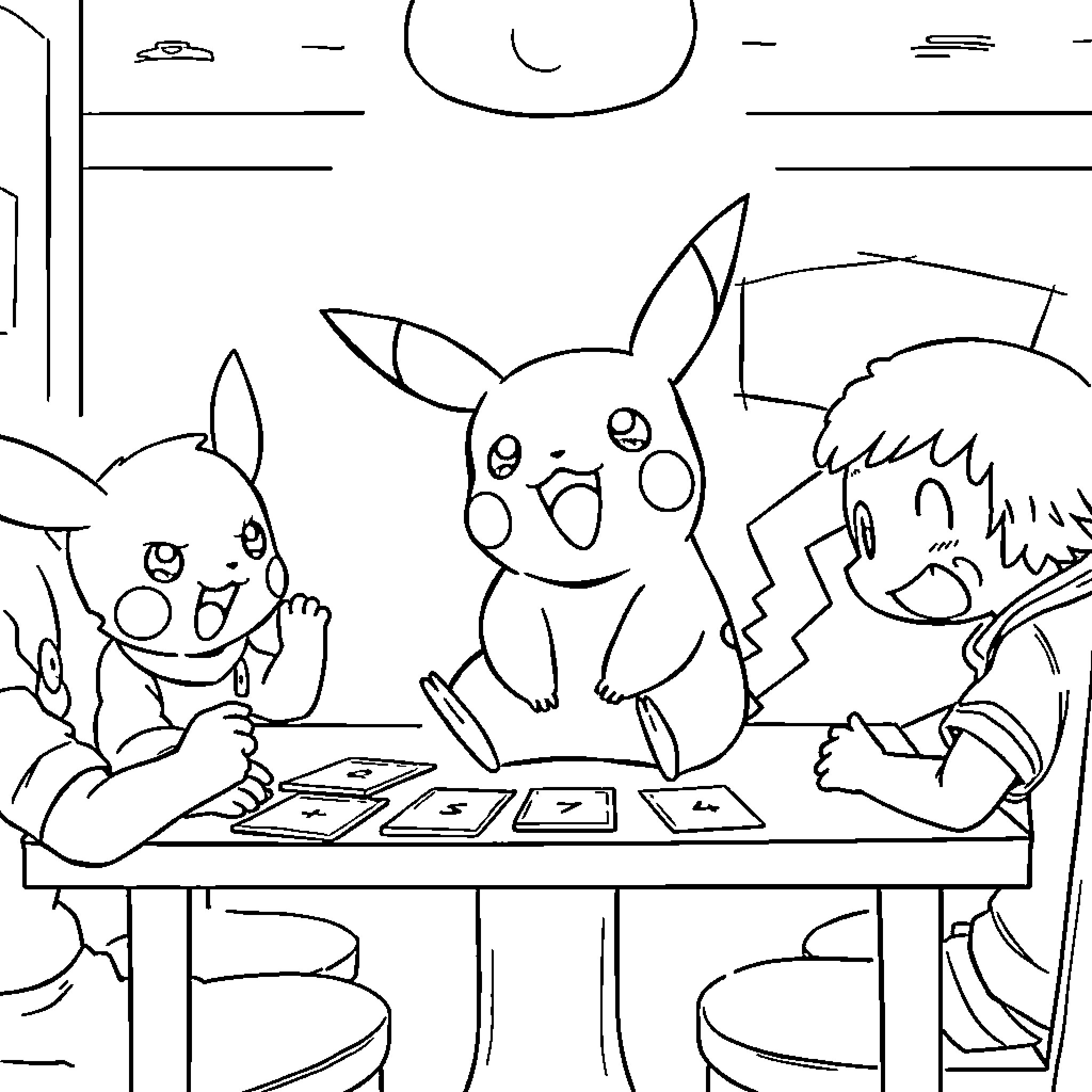 Pikachu Playing Cards with Friends Coloring Page (free black-and-white line drawing printable PDF for all, from beginners to advanced learners, including children, teens, adults, and seniors)