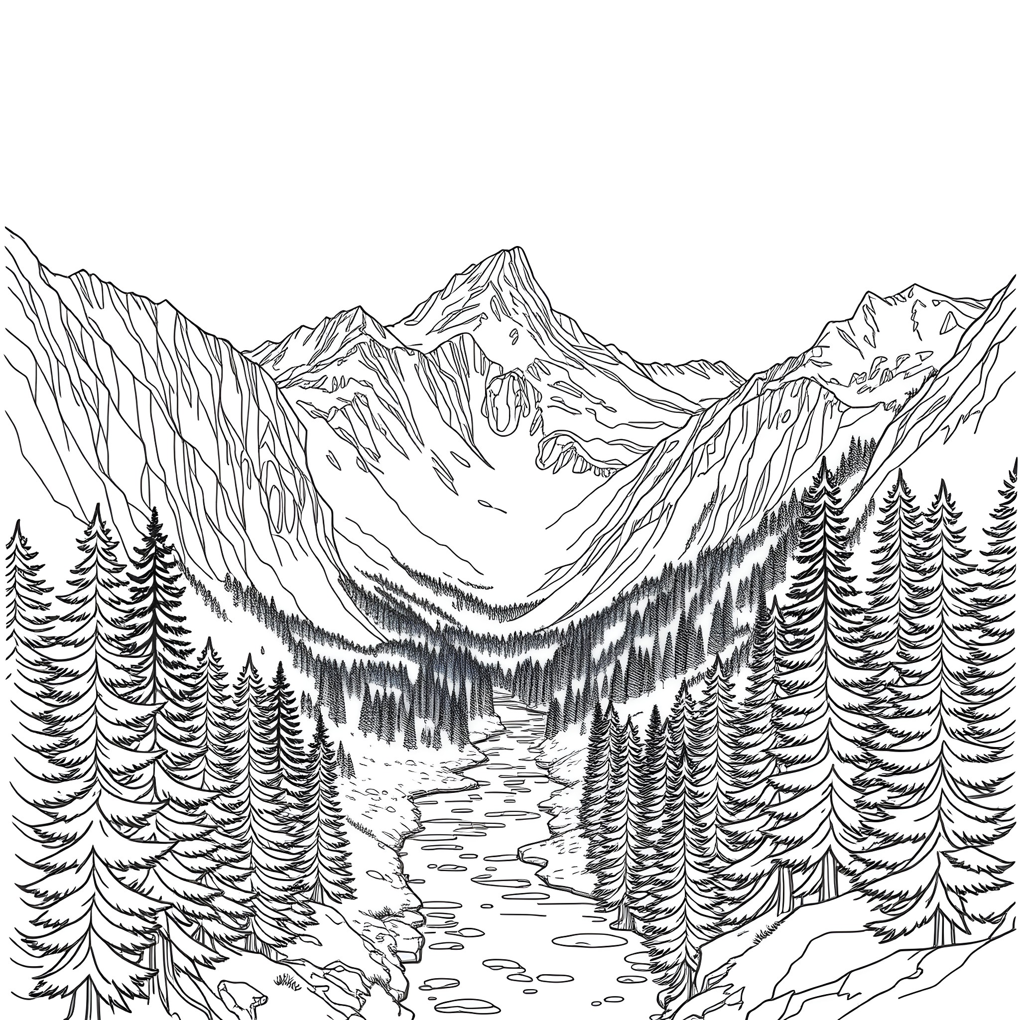 Mountain Landscape with Majestic Peaks and Evergreen Forests Coloring Page (free black-and-white line drawing printable PDF for all, from beginners to advanced learners, including children, teens, adults, and seniors)