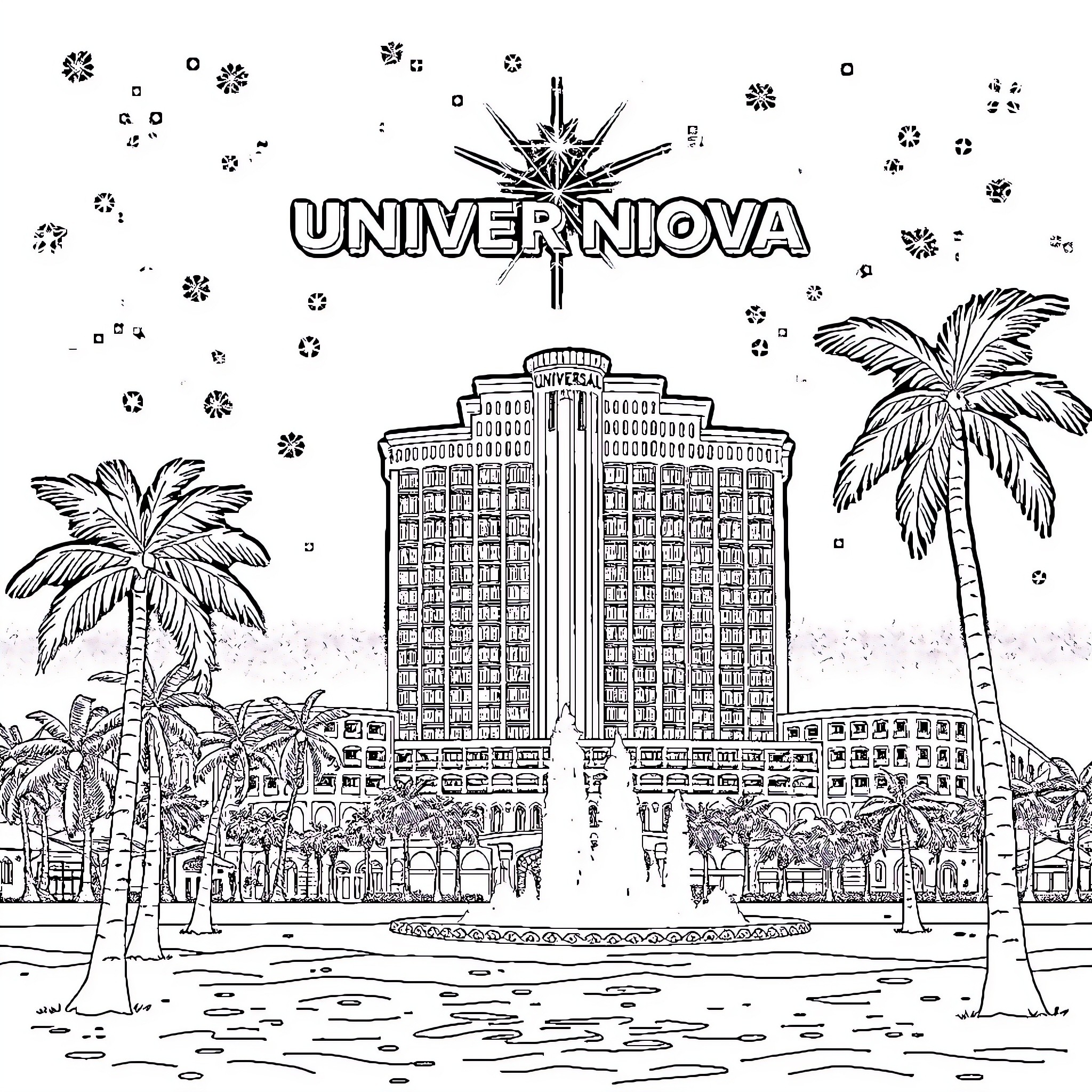 Stella's Intricate Architectural Skyline Coloring Page (free black-and-white line drawing printable PDF for all, from beginners to advanced learners, including children, teens, adults, and seniors)