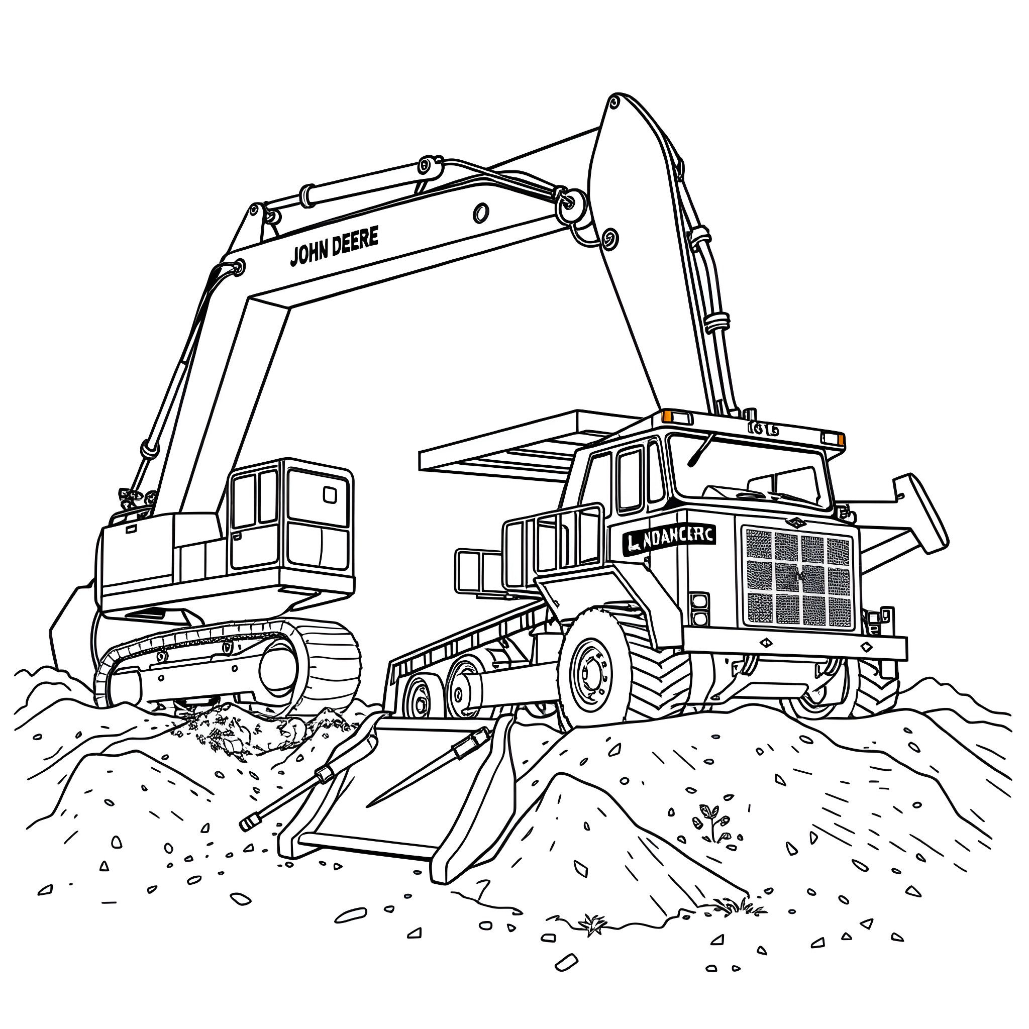 Excavator and Dump Truck at Construction Site Coloring Page (free black-and-white line drawing printable PDF for all, from beginners to advanced learners, including children, teens, adults, and seniors)