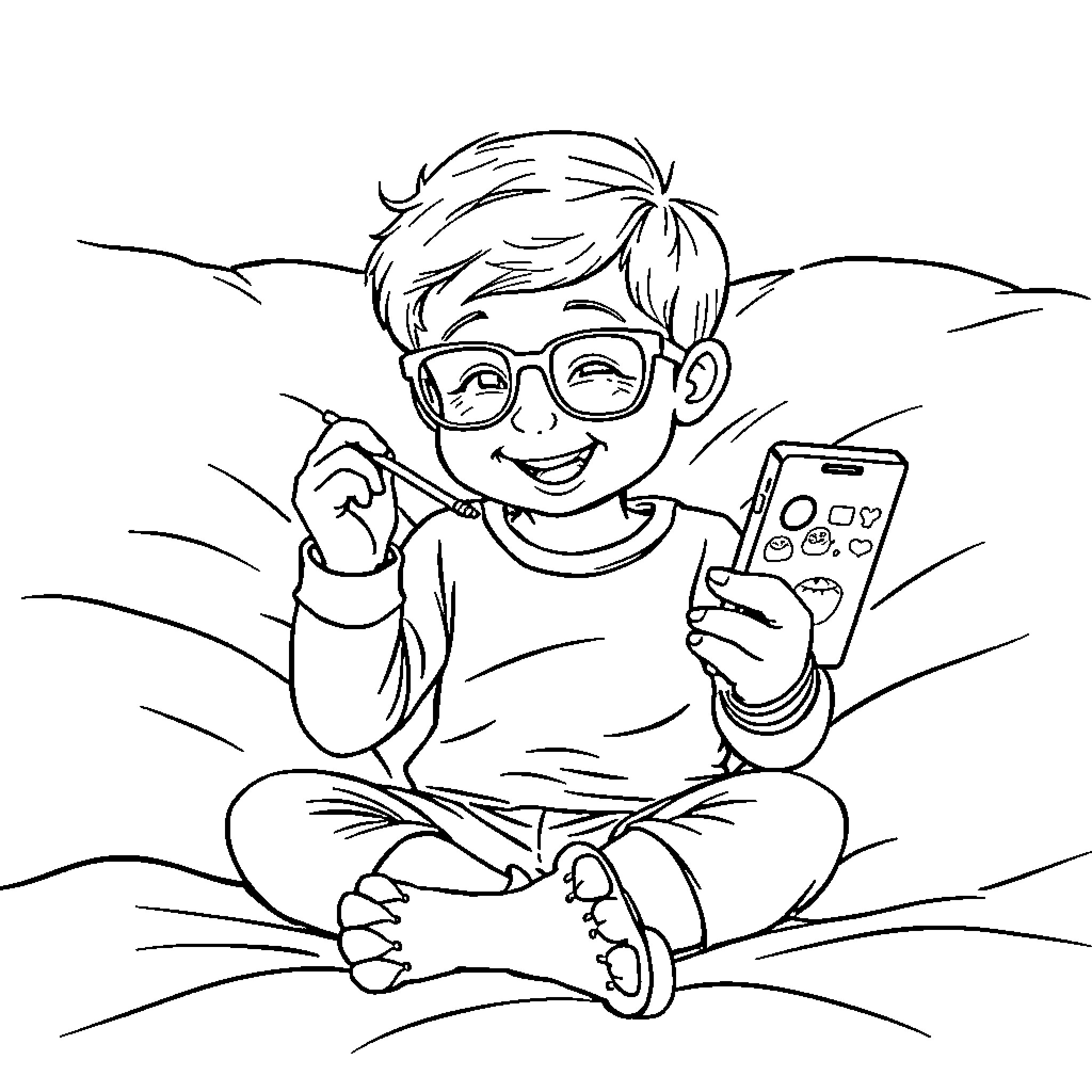 Child playing with smartphone in the field Coloring Page (free black-and-white line drawing printable PDF for all, from beginners to advanced learners, including children, teens, adults, and seniors)