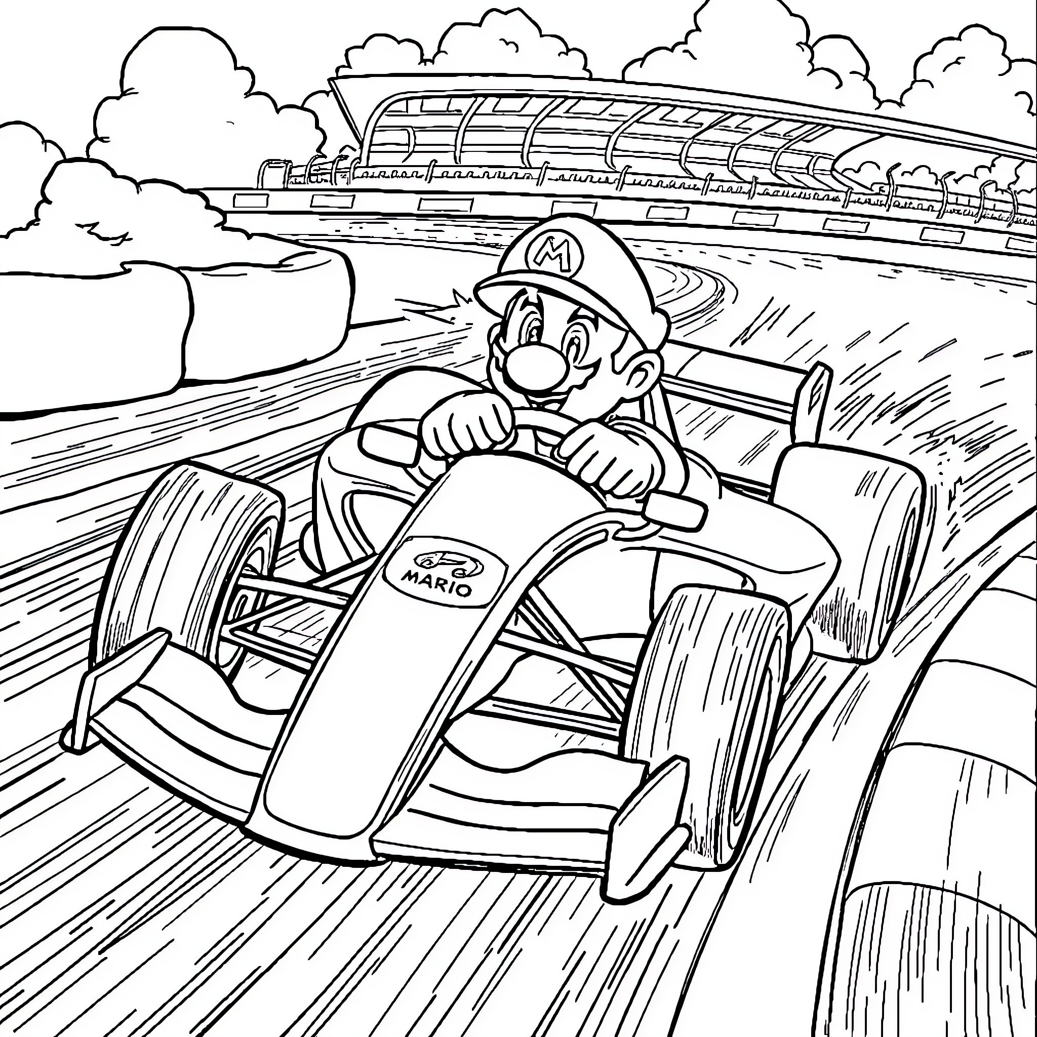 Mario Racing Swiftly on Racetrack Coloring Page (free black-and-white line drawing printable PDF for all, from beginners to advanced learners, including children, teens, adults, and seniors)