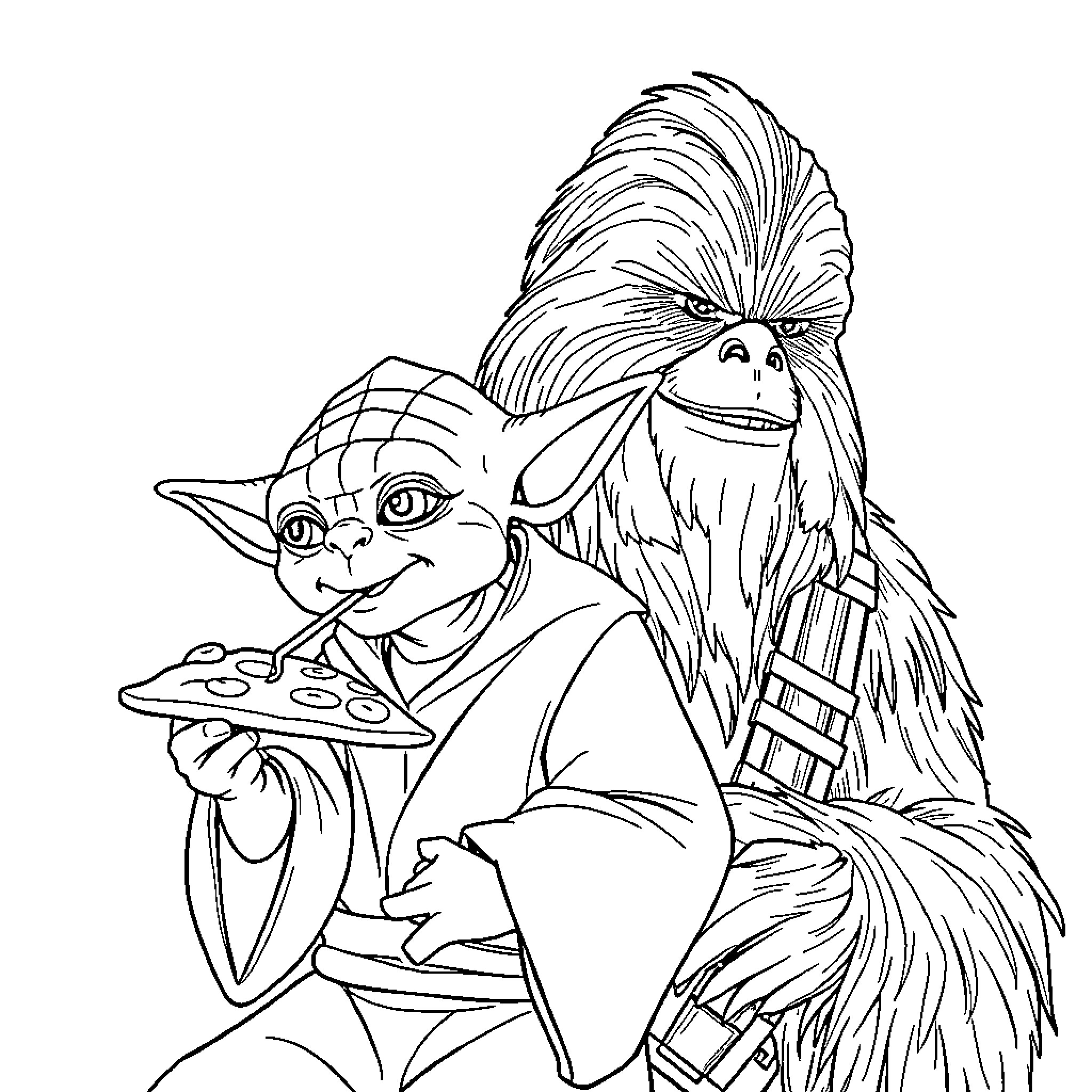 Yoda and Chewbacca playing with hologram Coloring Page (free black-and-white line drawing printable PDF for all, from beginners to advanced learners, including children, teens, adults, and seniors)