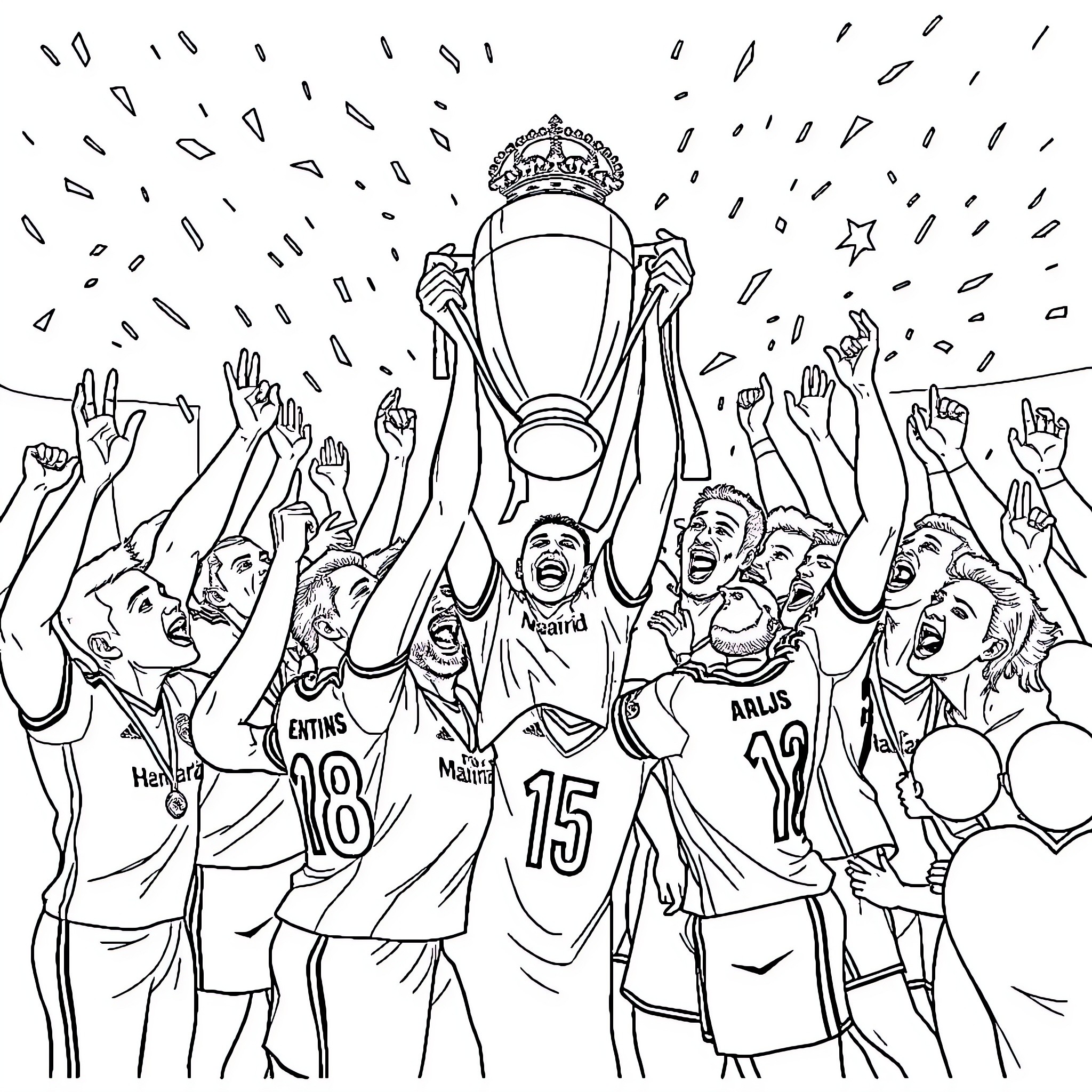 Real Madrid Players Celebrating Trophy Victory Coloring Page (free black-and-white line drawing printable PDF for all, from beginners to advanced learners, including children, teens, adults, and seniors)