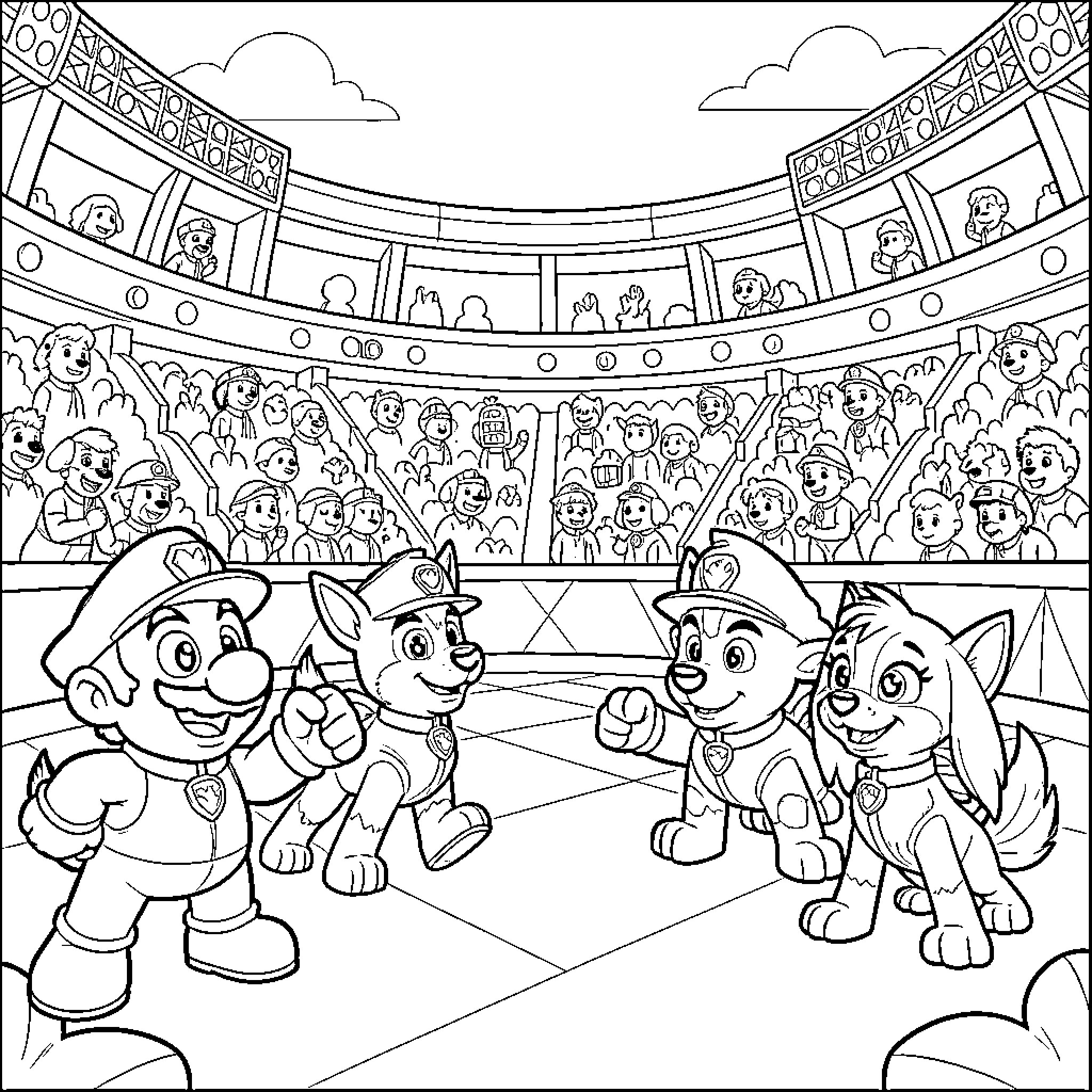 Mario and Friends Performing at the Circus Coloring Page (free black-and-white line drawing printable PDF for all, from beginners to advanced learners, including children, teens, adults, and seniors)