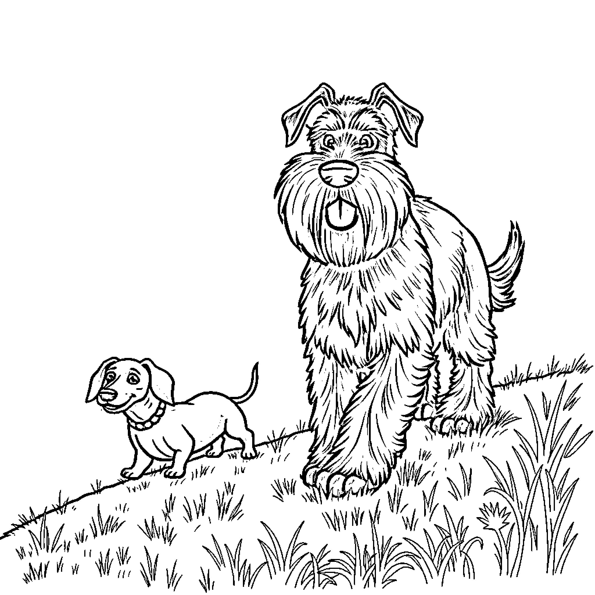 Schnauzer dogs playing in the field Coloring Page (free black-and-white line drawing printable PDF for all, from beginners to advanced learners, including children, teens, adults, and seniors)