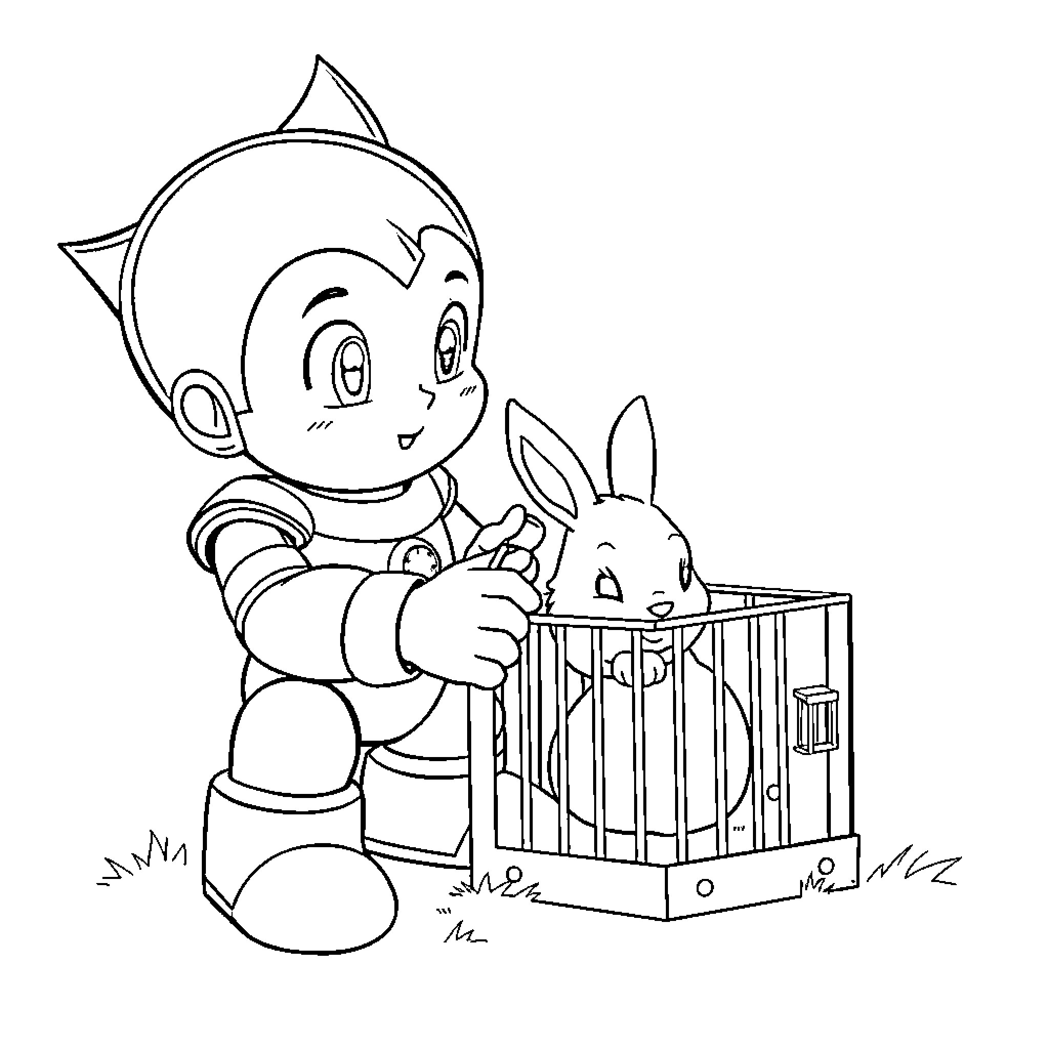 Astroboy helping a rabbit in a cage Coloring Page (free black-and-white line drawing printable PDF for all, from beginners to advanced learners, including children, teens, adults, and seniors)