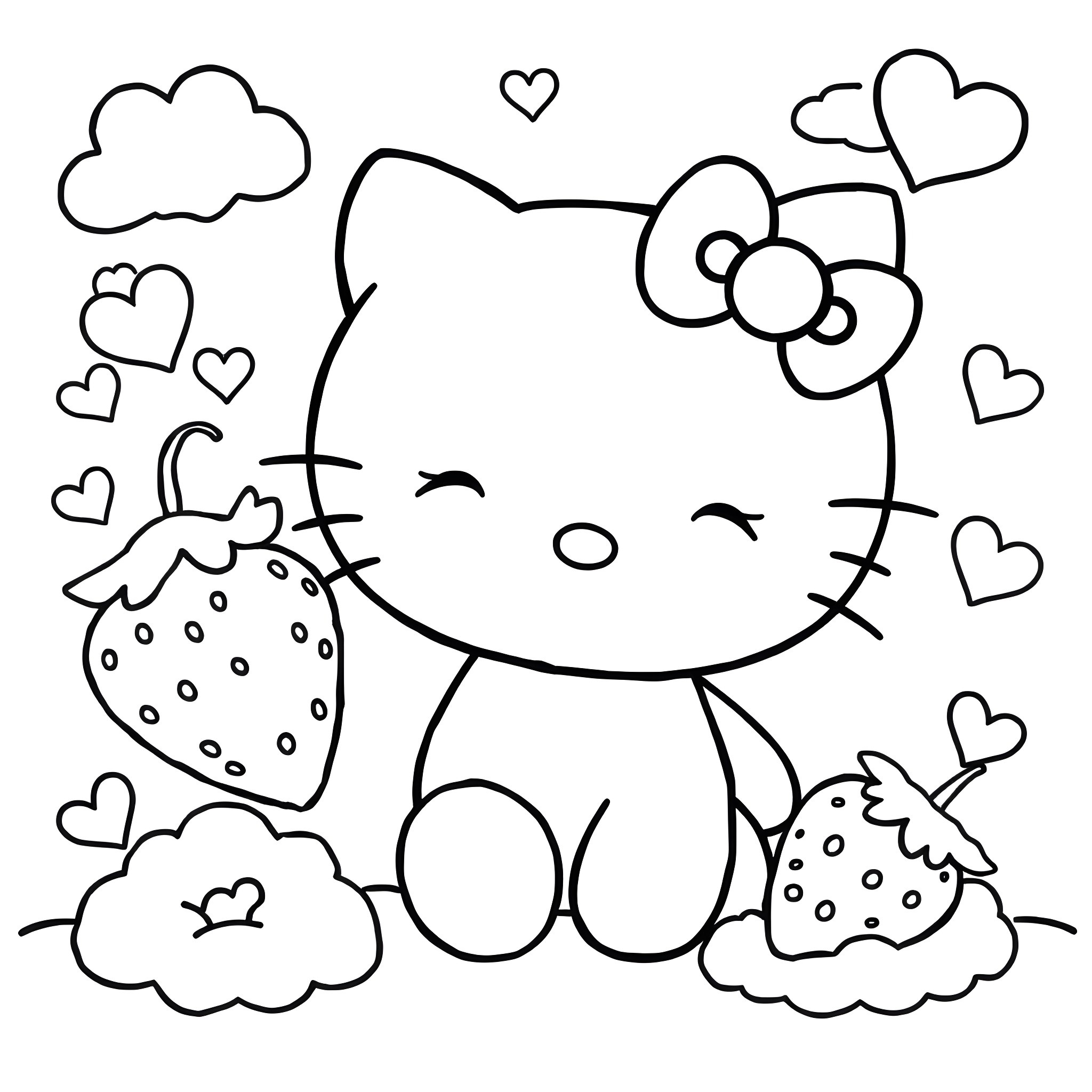 Hello Kitty playing with strawberries and hearts Coloring Page (free black-and-white line drawing printable PDF for all, from beginners to advanced learners, including children, teens, adults, and seniors)