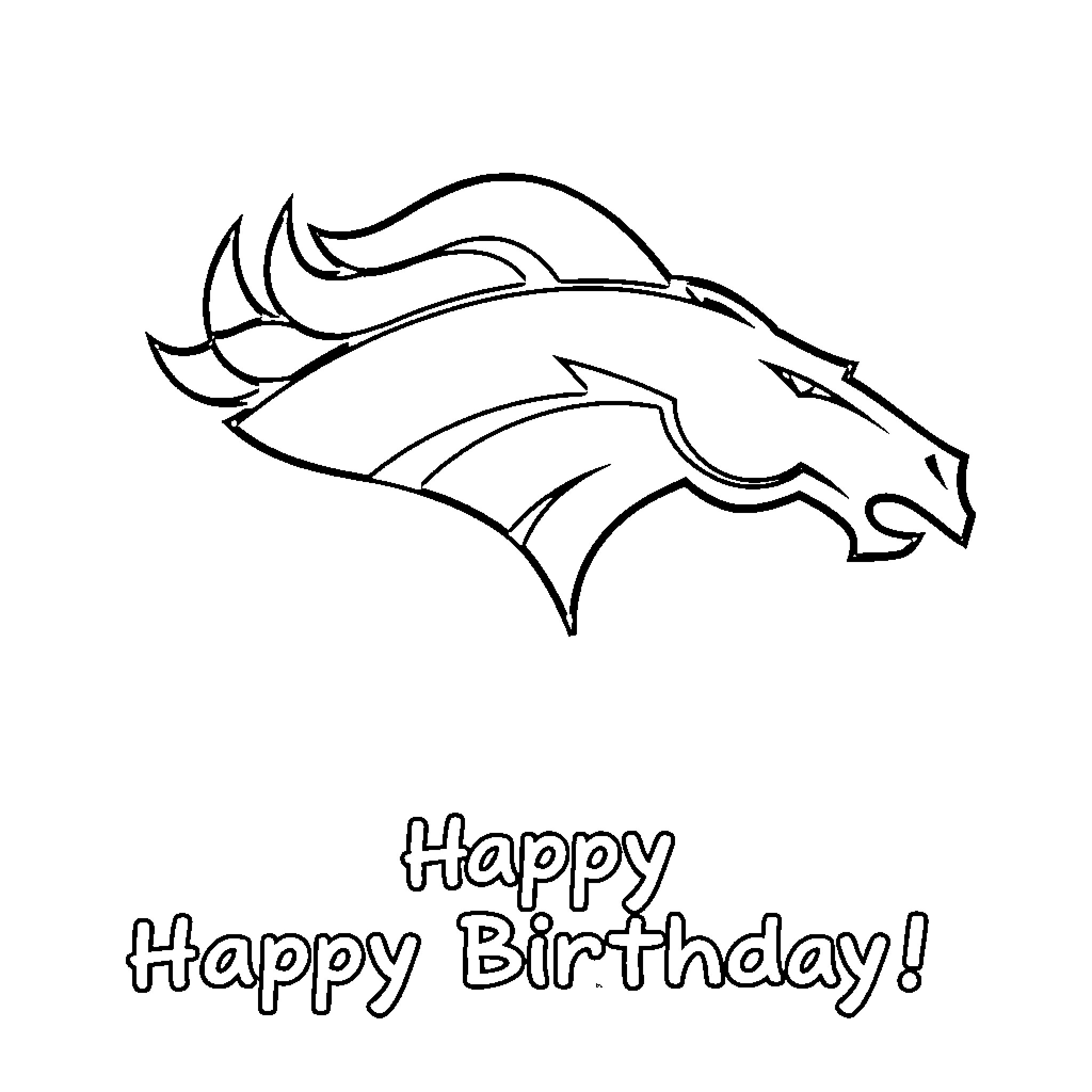 Denver Broncos team logo and birthday greeting Coloring Page (free black-and-white line drawing printable PDF for all, from beginners to advanced learners, including children, teens, adults, and seniors)