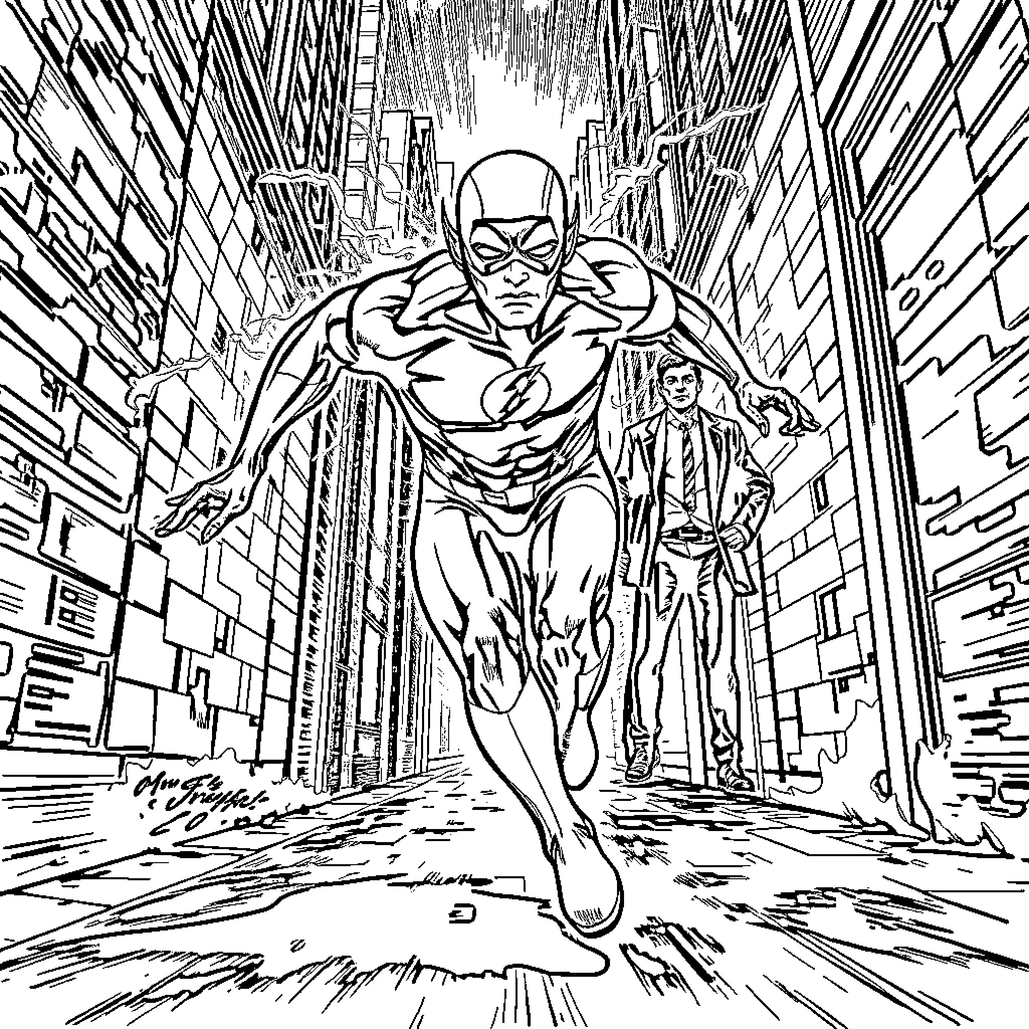 Flash racing through the city streets Coloring Page (free black-and-white line drawing printable PDF for all, from beginners to advanced learners, including children, teens, adults, and seniors)