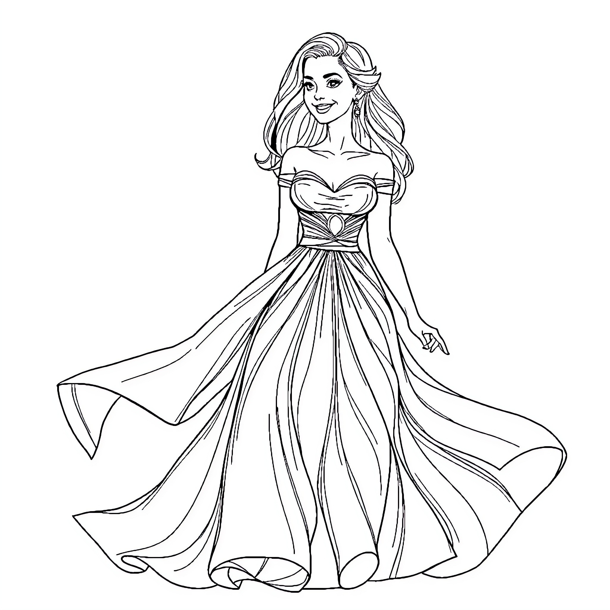 Wife in Elegant Gown Posing Gracefully Coloring Page (free black-and-white line drawing printable PDF for all, from beginners to advanced learners, including children, teens, adults, and seniors)