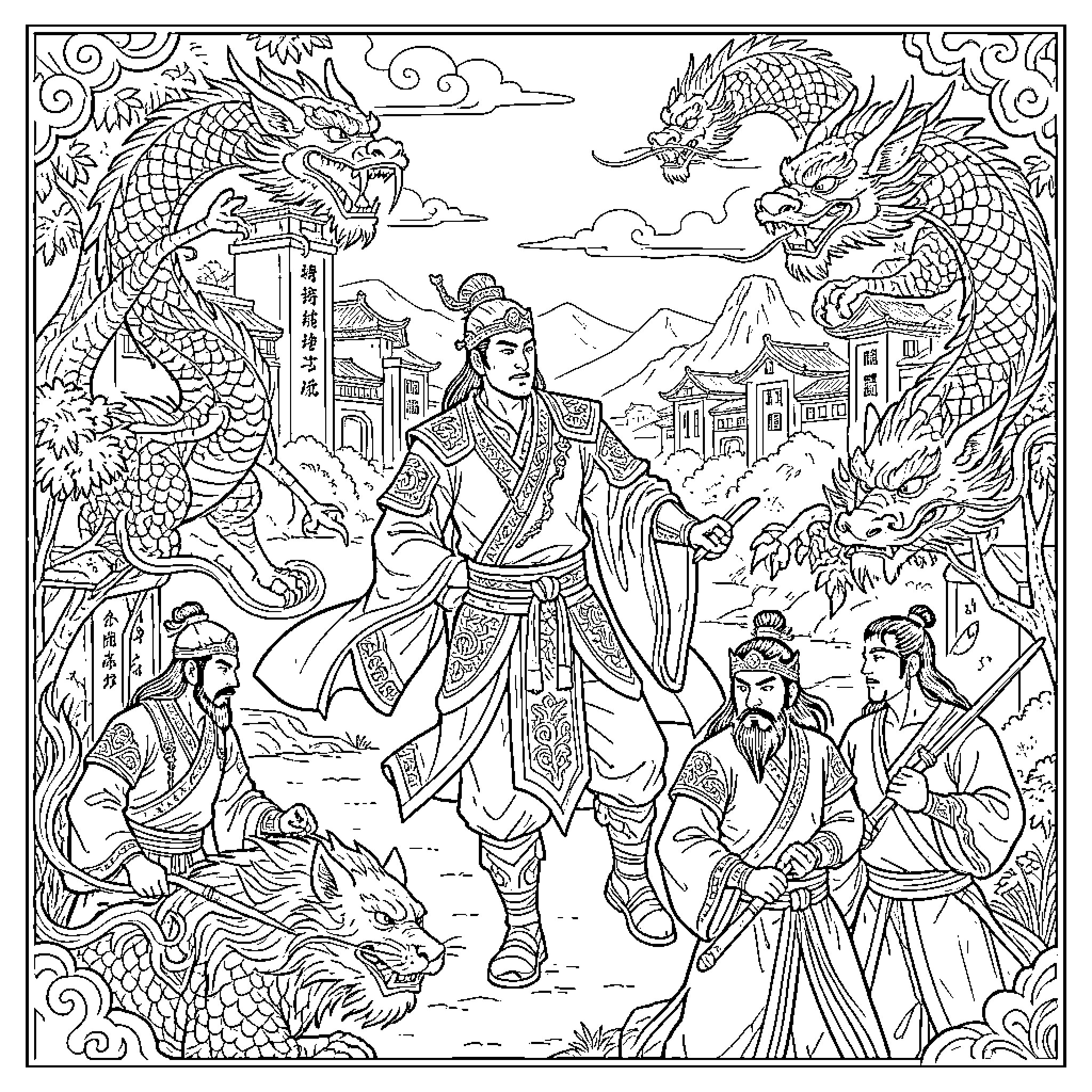 Chinese Legend of a warrior surrounded by dragons Coloring Page (free black-and-white line drawing printable PDF for all, from beginners to advanced learners, including children, teens, adults, and seniors)