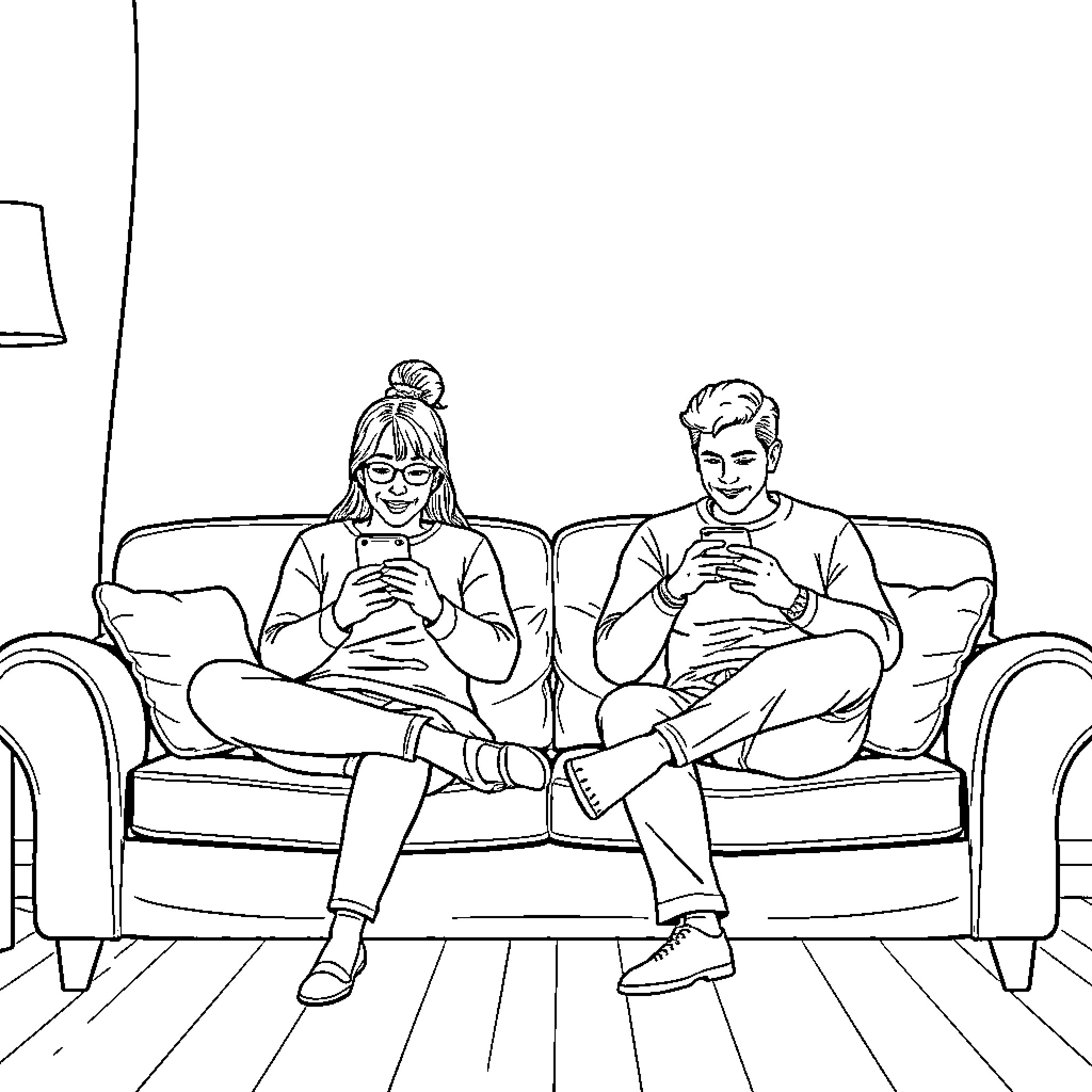 Couple relaxing on the couch with electronic devices Coloring Page (free black-and-white line drawing printable PDF for all, from beginners to advanced learners, including children, teens, adults, and seniors)