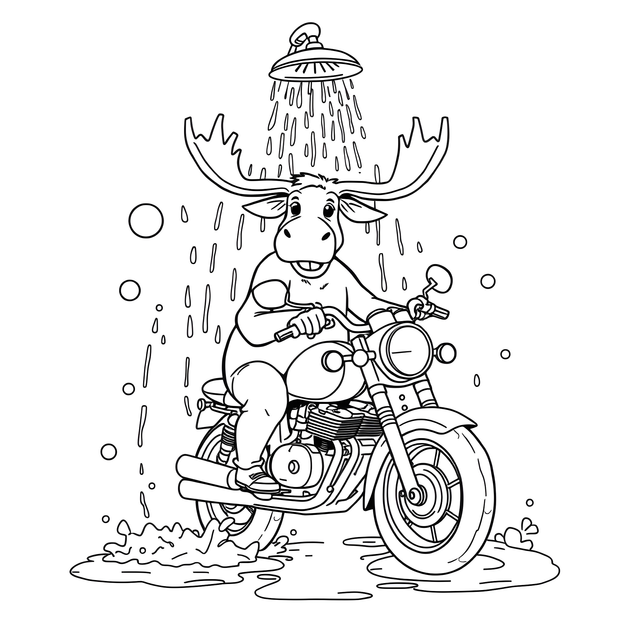 Moose riding motorcycle under shower Coloring Page (free black-and-white line drawing printable PDF for all, from beginners to advanced learners, including children, teens, adults, and seniors)