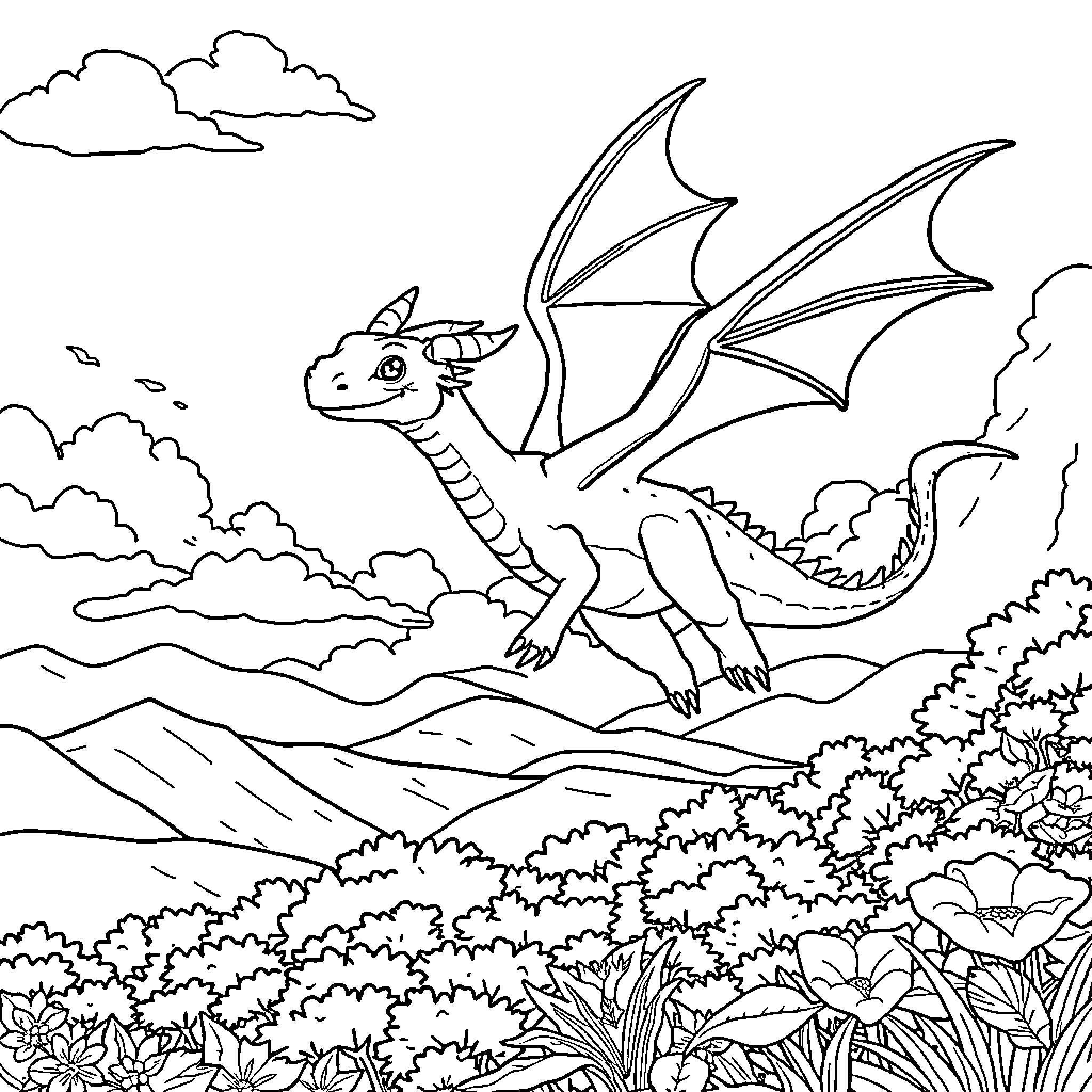 Banguela the Dragon Soaring Through Clouds Coloring Page (free black-and-white line drawing printable PDF for all, from beginners to advanced learners, including children, teens, adults, and seniors)