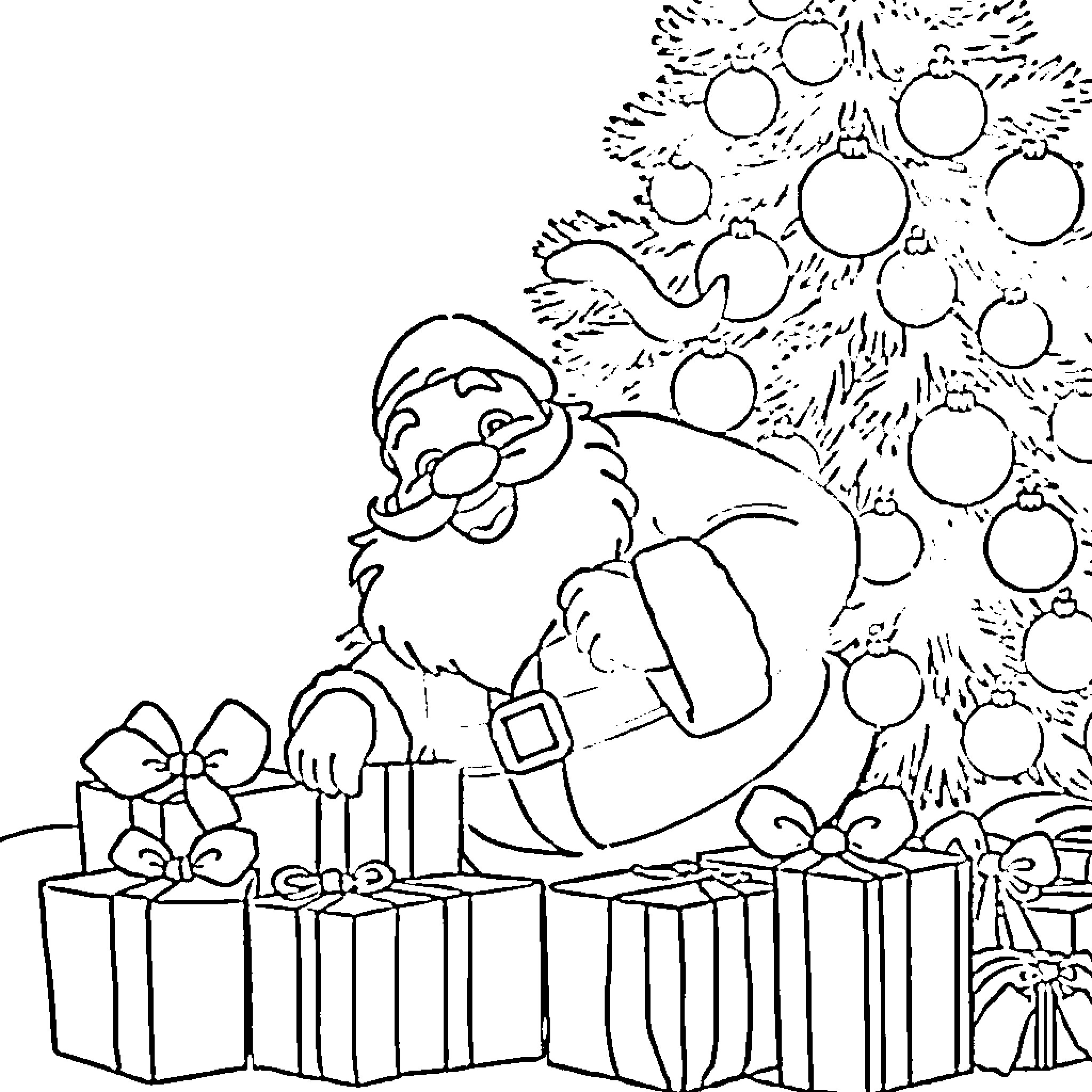 Santa enjoying the festive decorations and gifts Coloring Page (free black-and-white line drawing printable PDF for all, from beginners to advanced learners, including children, teens, adults, and seniors)