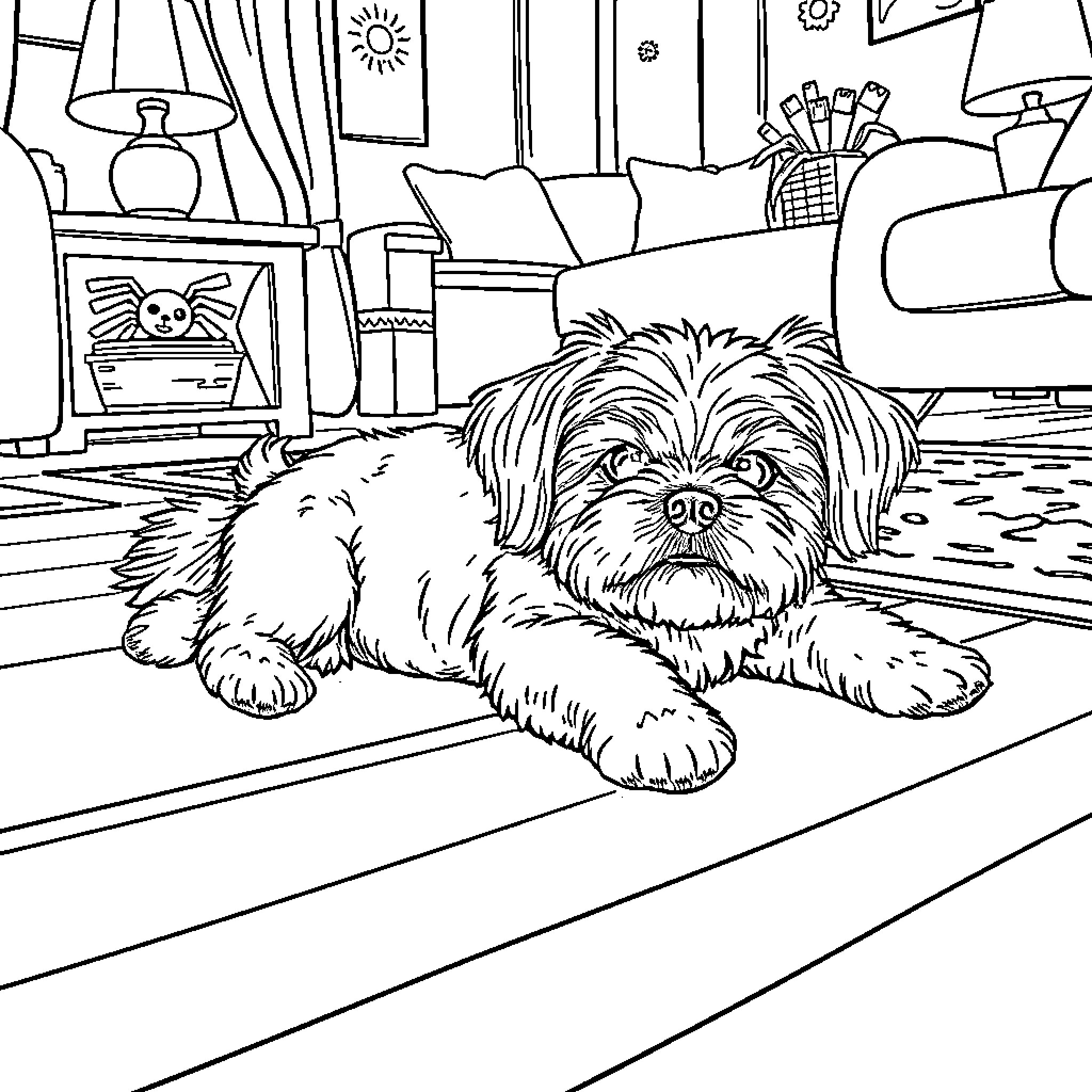 Shih Tzu relaxing comfortably in cozy home Coloring Page (free black-and-white line drawing printable PDF for all, from beginners to advanced learners, including children, teens, adults, and seniors)