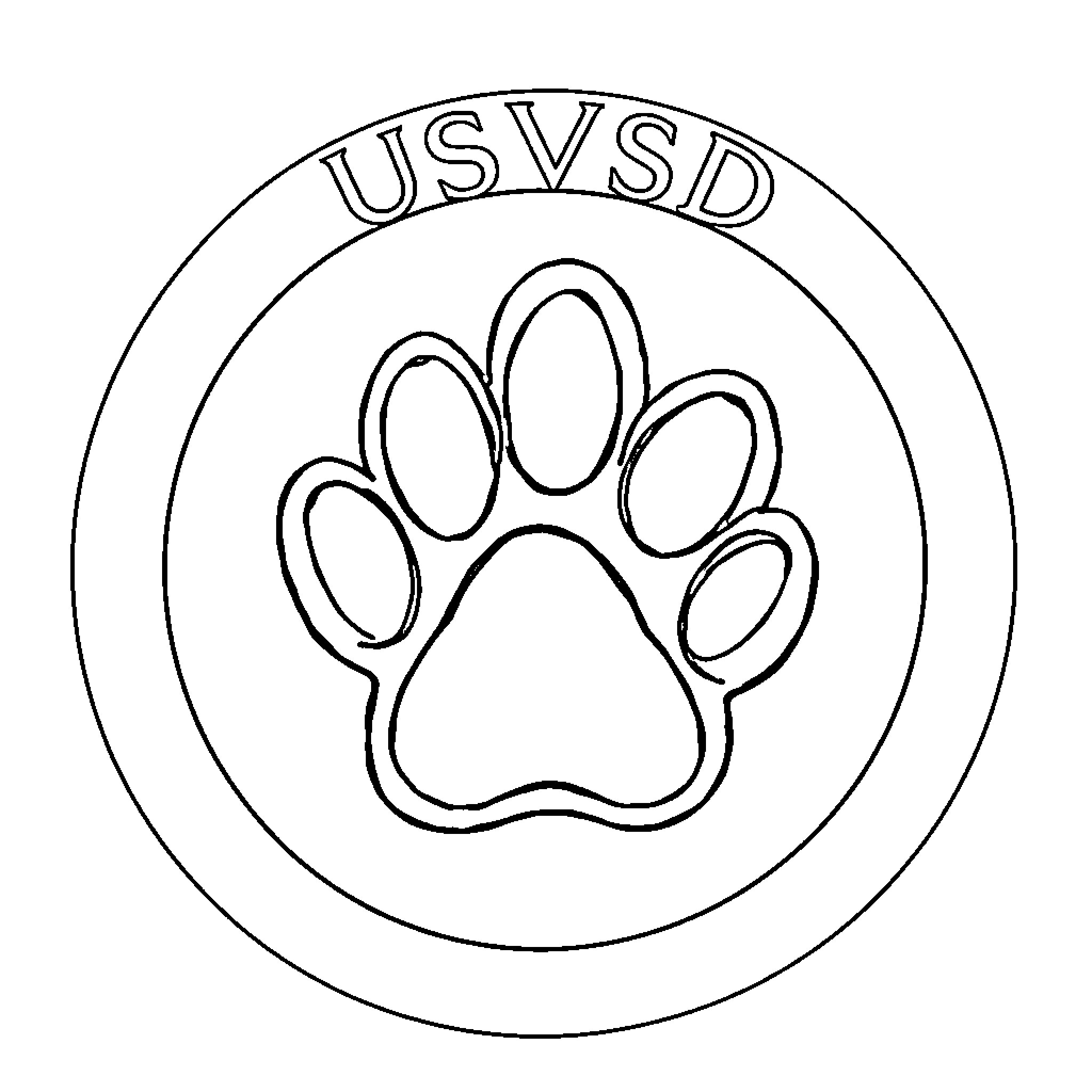 Puppy paw print in a circular insignia Coloring Page (free black-and-white line drawing printable PDF for all, from beginners to advanced learners, including children, teens, adults, and seniors)
