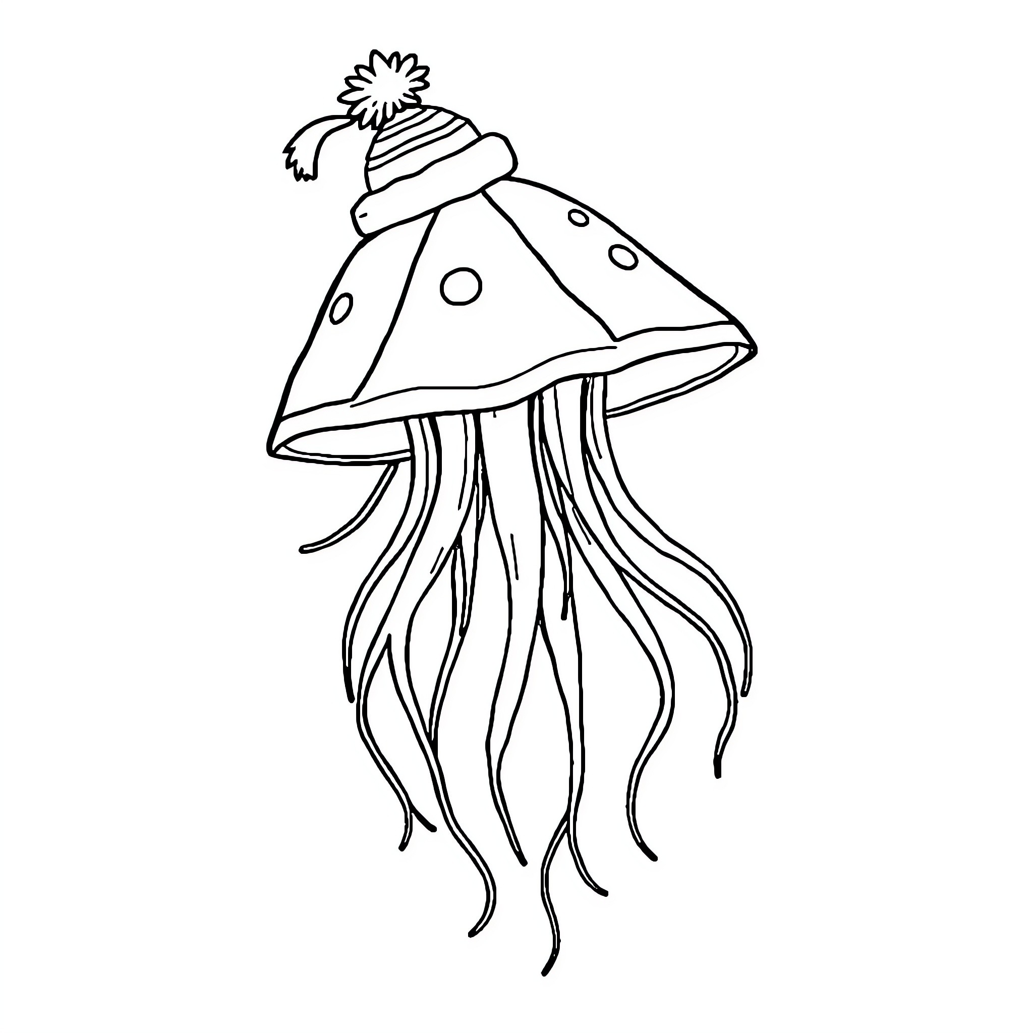 Jellyfish wearing a whimsical hat Coloring Page (free black-and-white line drawing printable PDF for all, from beginners to advanced learners, including children, teens, adults, and seniors)