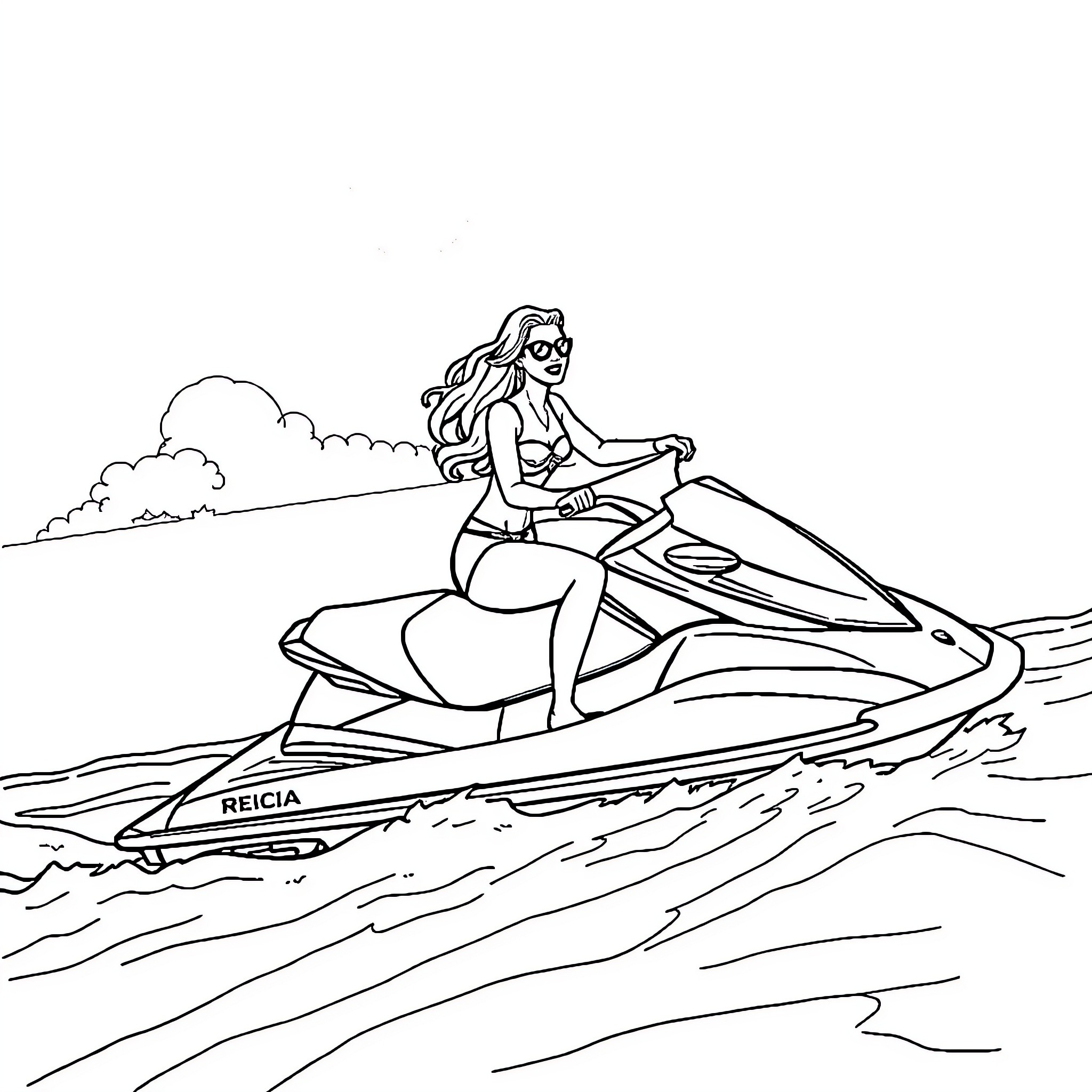 Paris Hilton riding a jet ski on the water Coloring Page (free black-and-white line drawing printable PDF for all, from beginners to advanced learners, including children, teens, adults, and seniors)