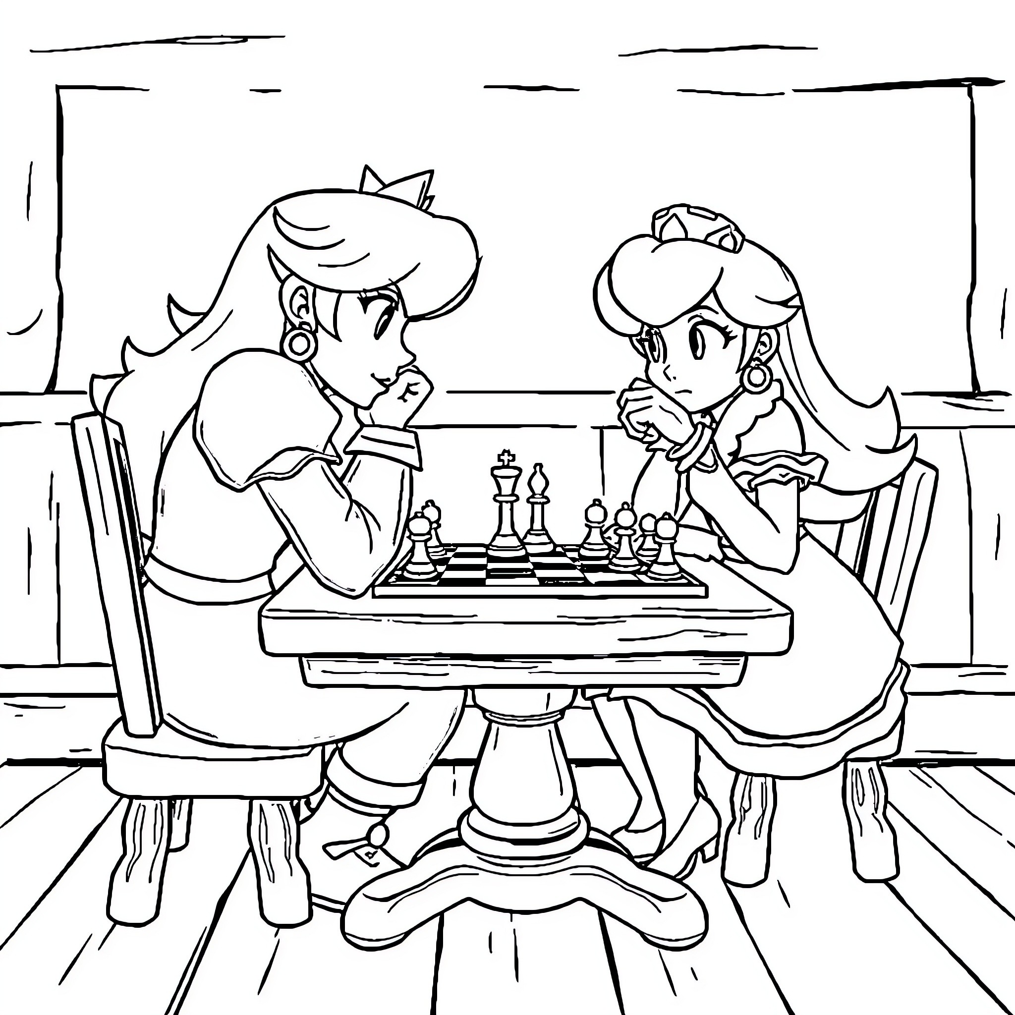Peach playing chess with Princess Daisy Coloring Page (free black-and-white line drawing printable PDF for all, from beginners to advanced learners, including children, teens, adults, and seniors)