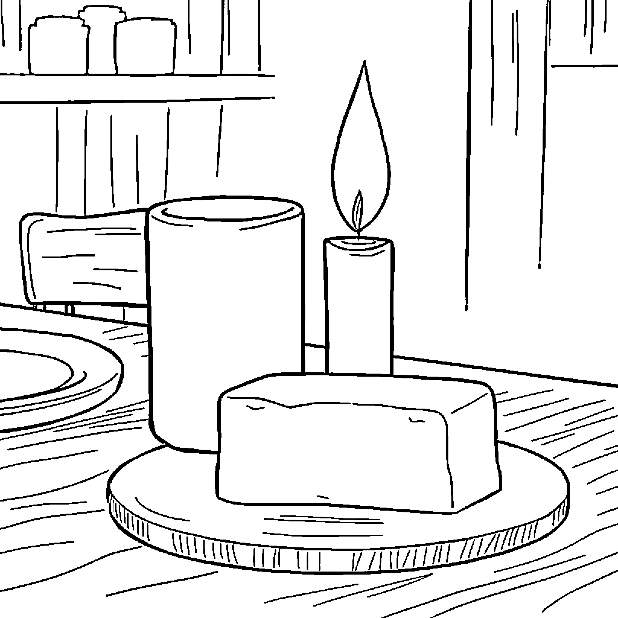 Candle on Cozy Table Setting Coloring Page (free black-and-white line drawing printable PDF for all, from beginners to advanced learners, including children, teens, adults, and seniors)