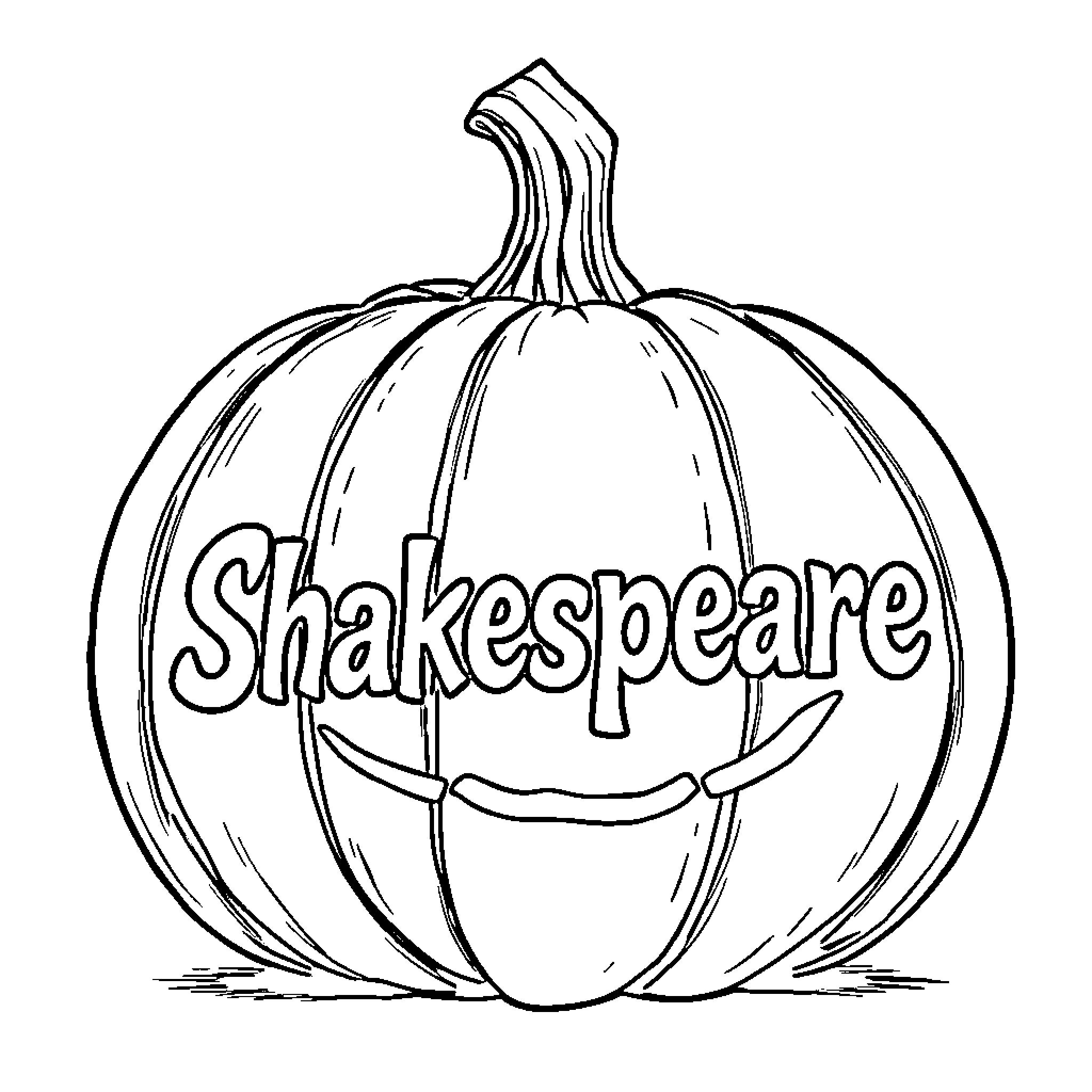 Pumpkin with Shakespeare engraved on it Coloring Page (free black-and-white line drawing printable PDF for all, from beginners to advanced learners, including children, teens, adults, and seniors)