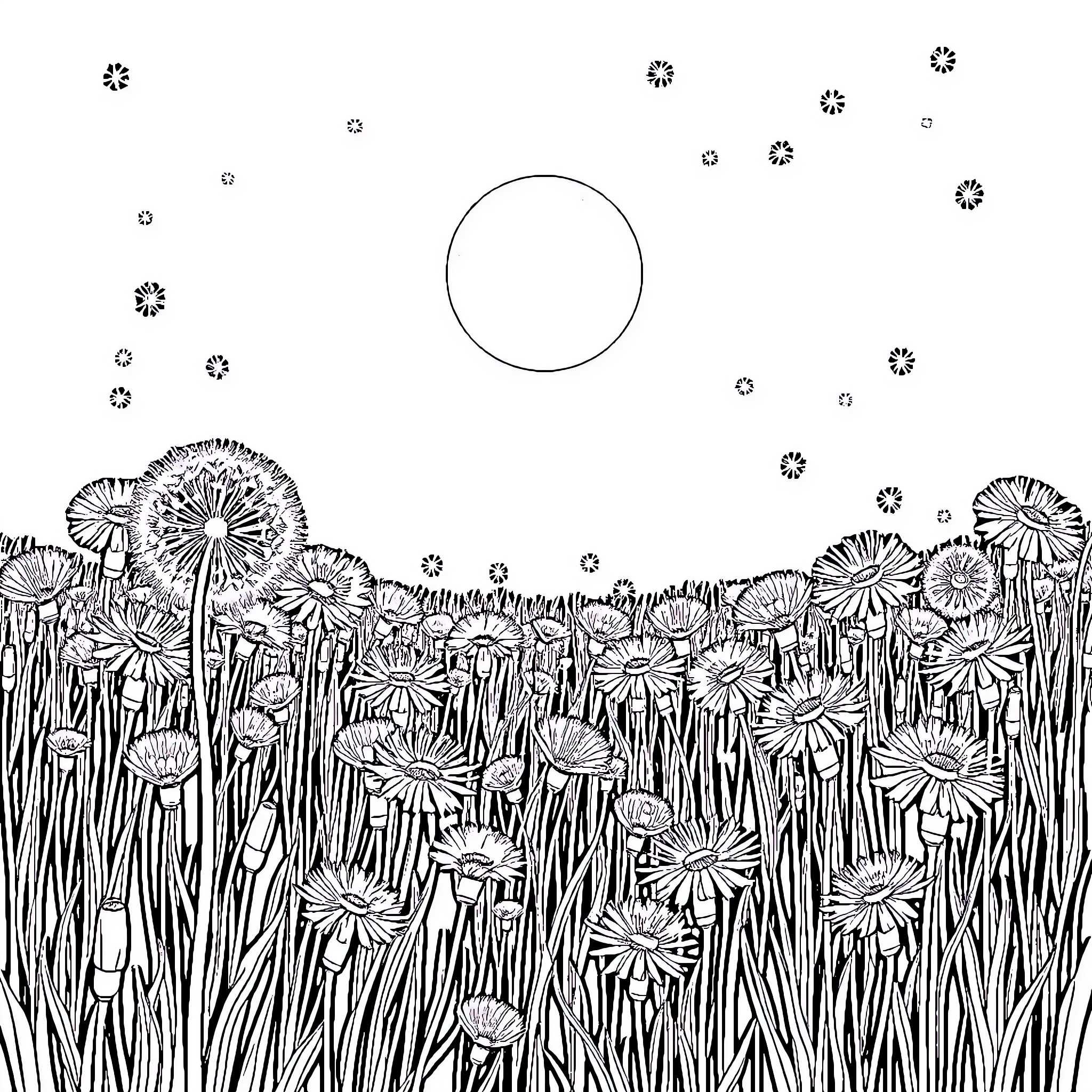 Moon shining over a field of flowers Coloring Page (free black-and-white line drawing printable PDF for all, from beginners to advanced learners, including children, teens, adults, and seniors)