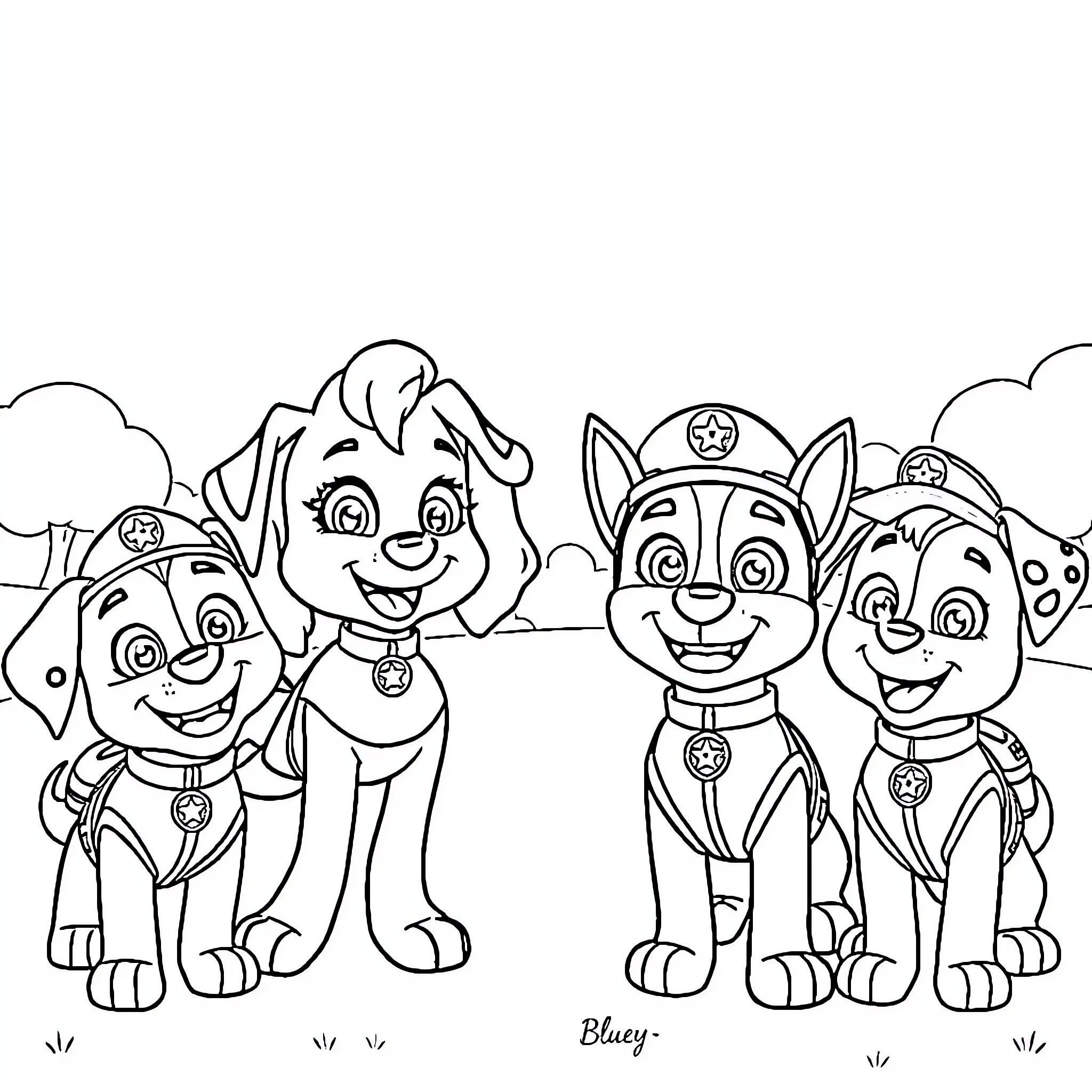 Bluey and the Paw Patrol Pups Adventure Coloring Page (free black-and-white line drawing printable PDF for all, from beginners to advanced learners, including children, teens, adults, and seniors)