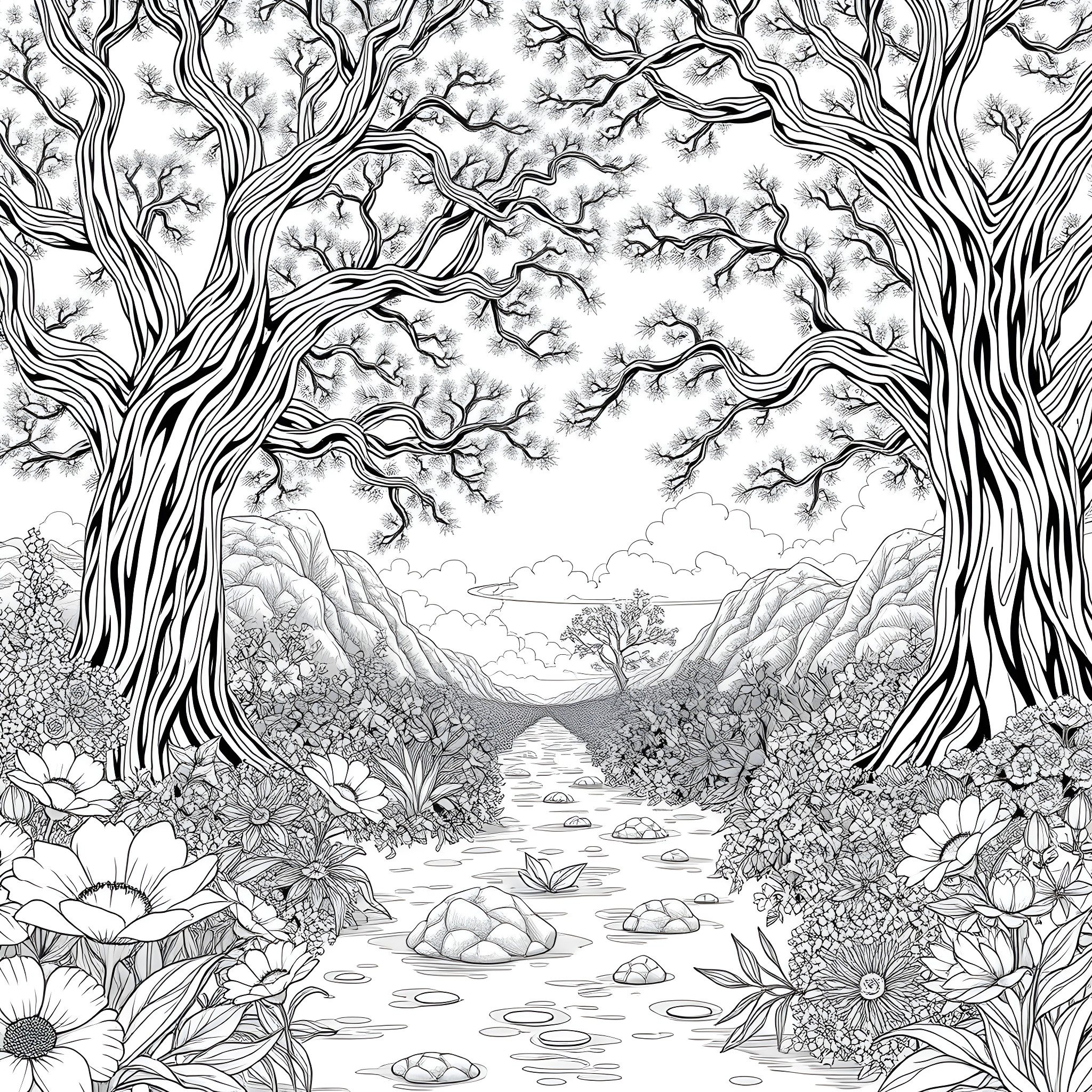 Garden Pathway Amid Intricate Tree Branches Coloring Page (free black-and-white line drawing printable PDF for all, from beginners to advanced learners, including children, teens, adults, and seniors)