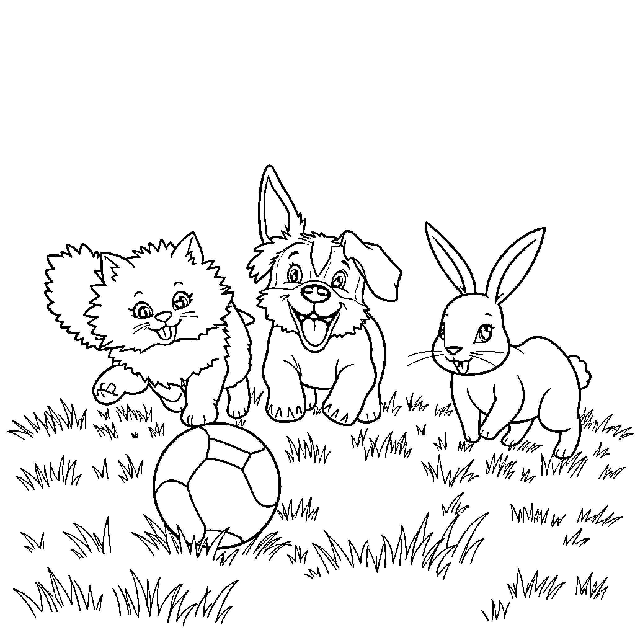 Cats and Rabbits Playing Together in the Grass Coloring Page (free black-and-white line drawing printable PDF for all, from beginners to advanced learners, including children, teens, adults, and seniors)