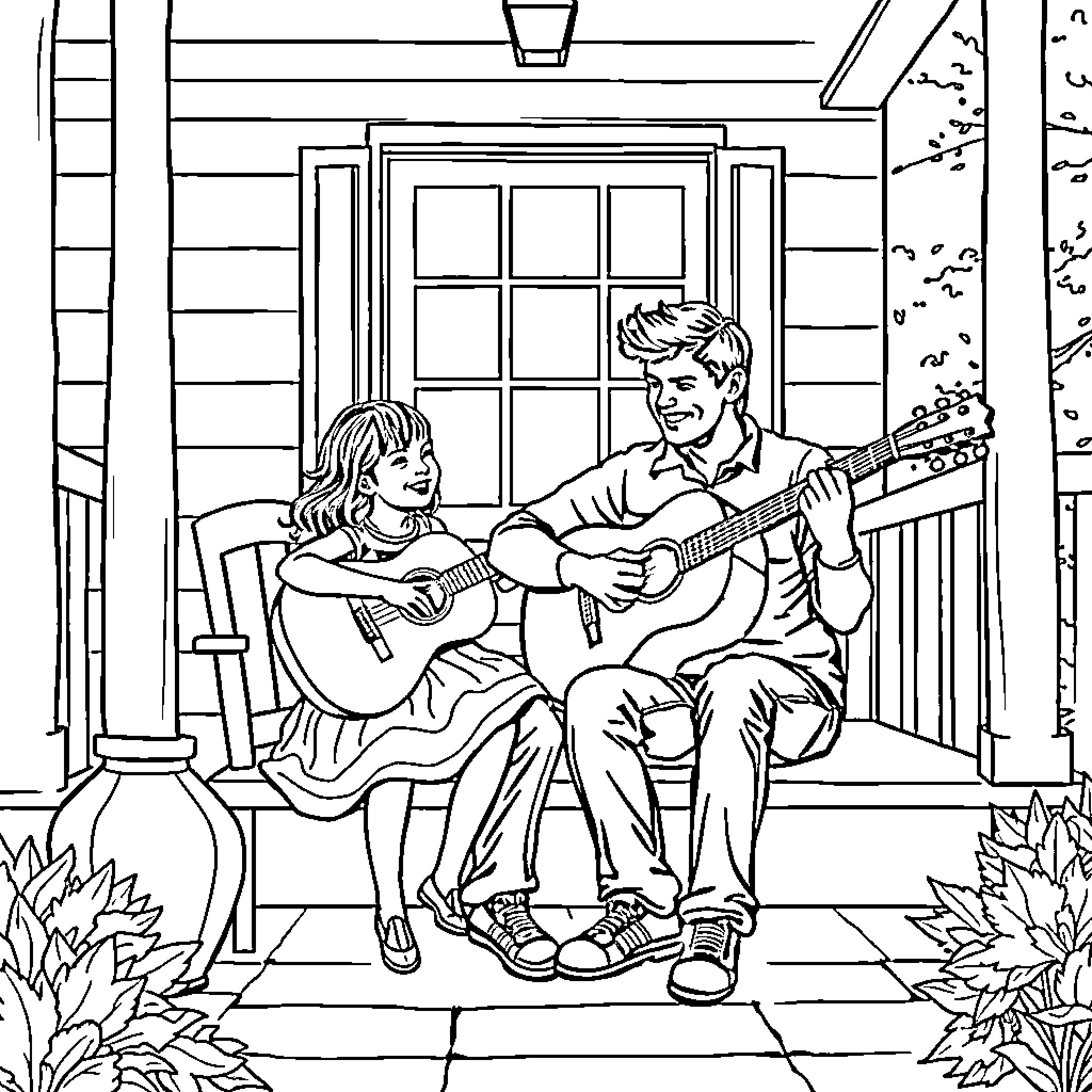 Guitar duo playing on porch Coloring Page (free black-and-white line drawing printable PDF for all, from beginners to advanced learners, including children, teens, adults, and seniors)