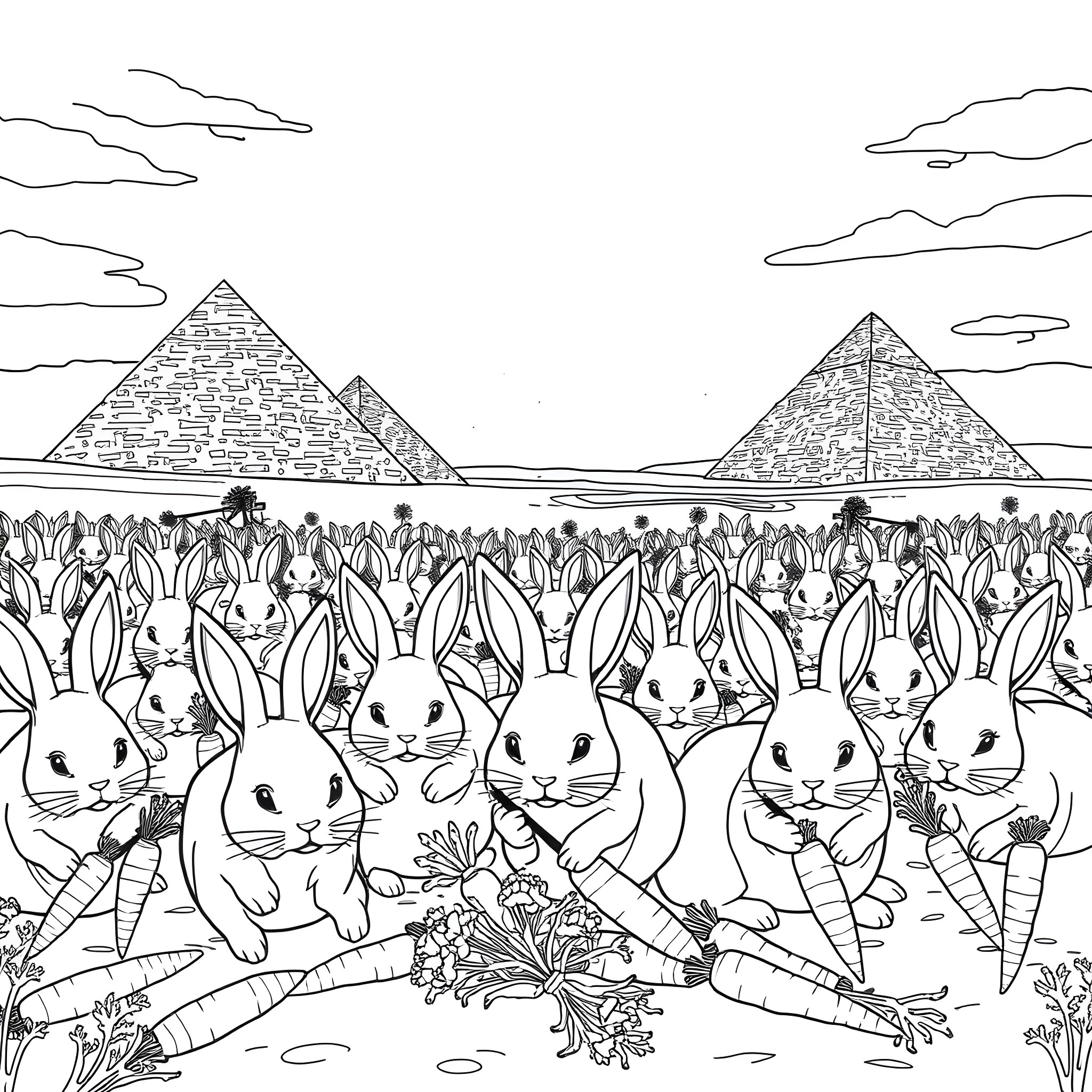 Rabbit Herd Gathering Near Pyramids Coloring Page (free black-and-white line drawing printable PDF for all, from beginners to advanced learners, including children, teens, adults, and seniors)