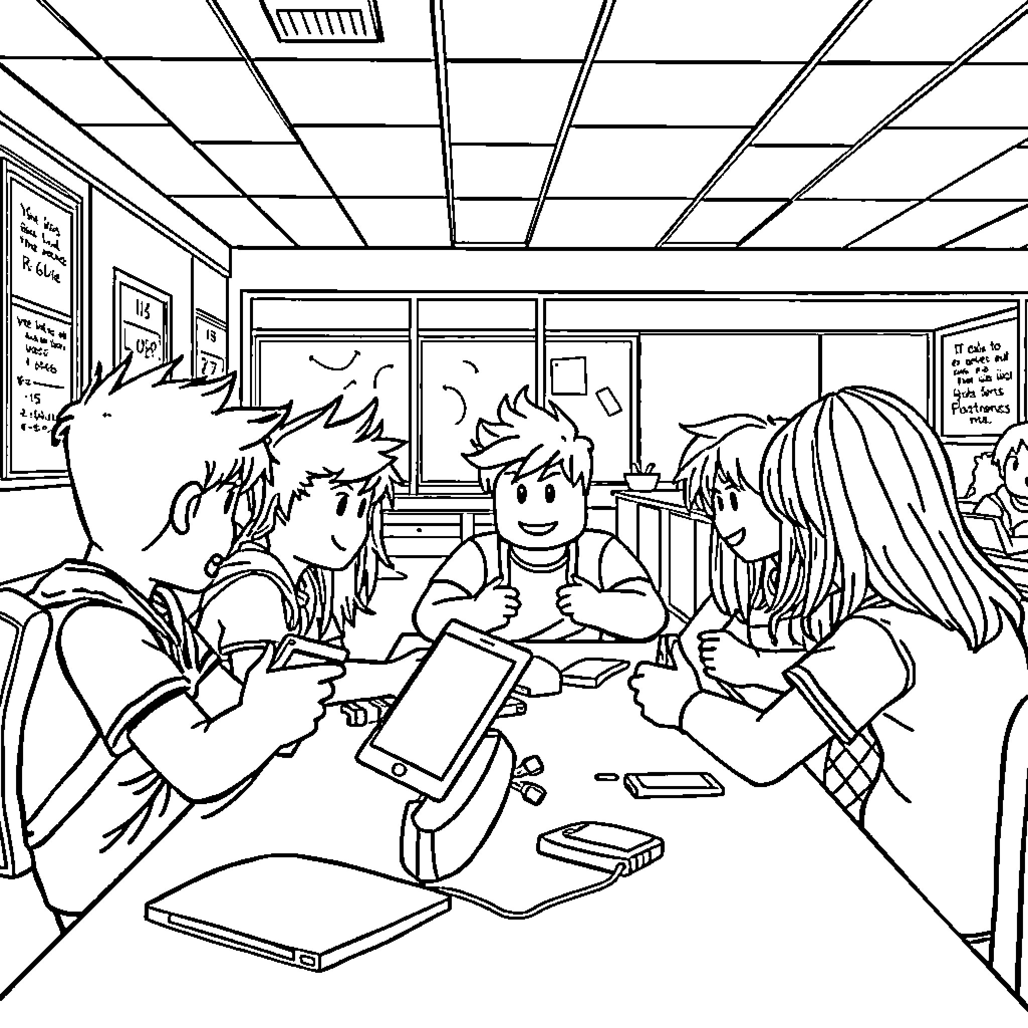 Roblox Characters Interacting in a Classroom Setting Coloring Page (free black-and-white line drawing printable PDF for all, from beginners to advanced learners, including children, teens, adults, and seniors)