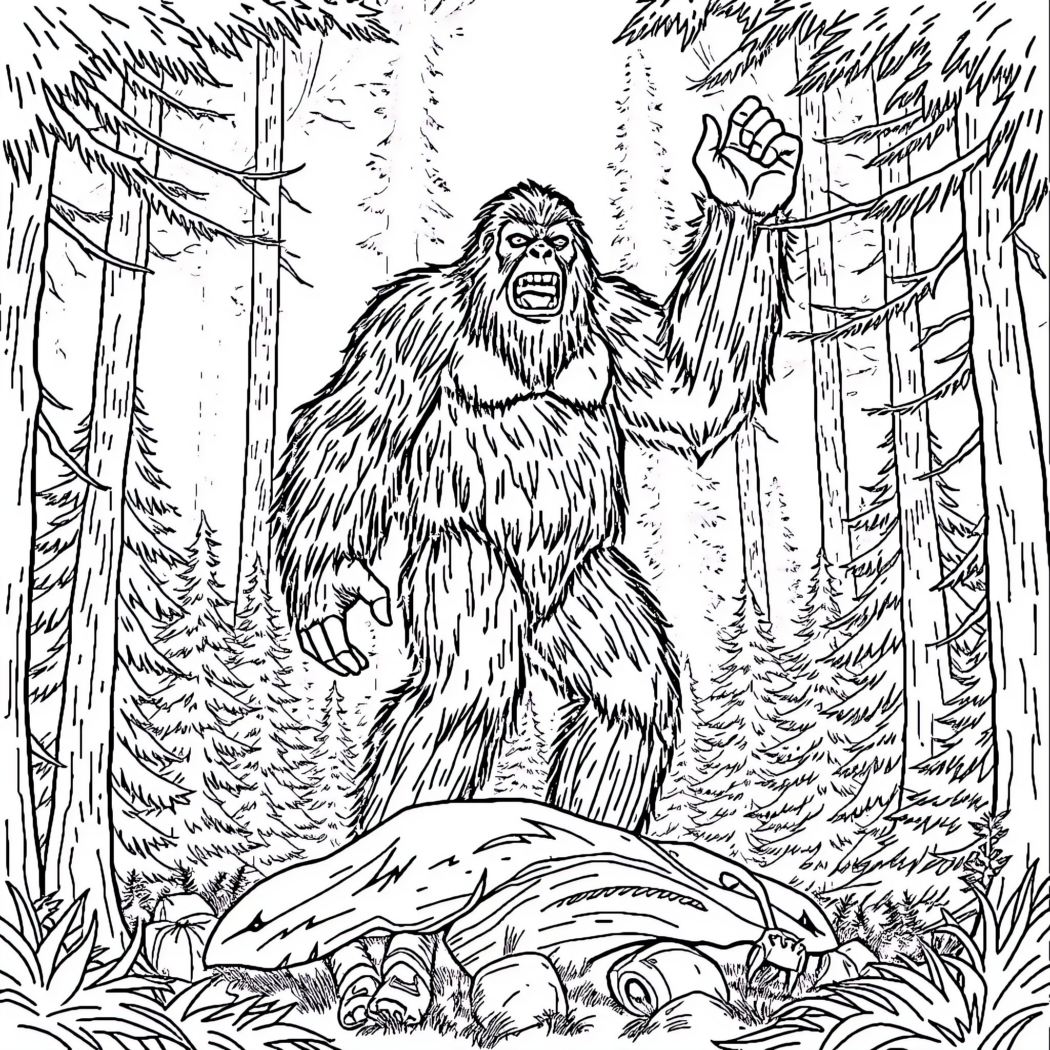 Bigfoot roaring in the forest Coloring Page (free black-and-white line drawing printable PDF for all, from beginners to advanced learners, including children, teens, adults, and seniors)